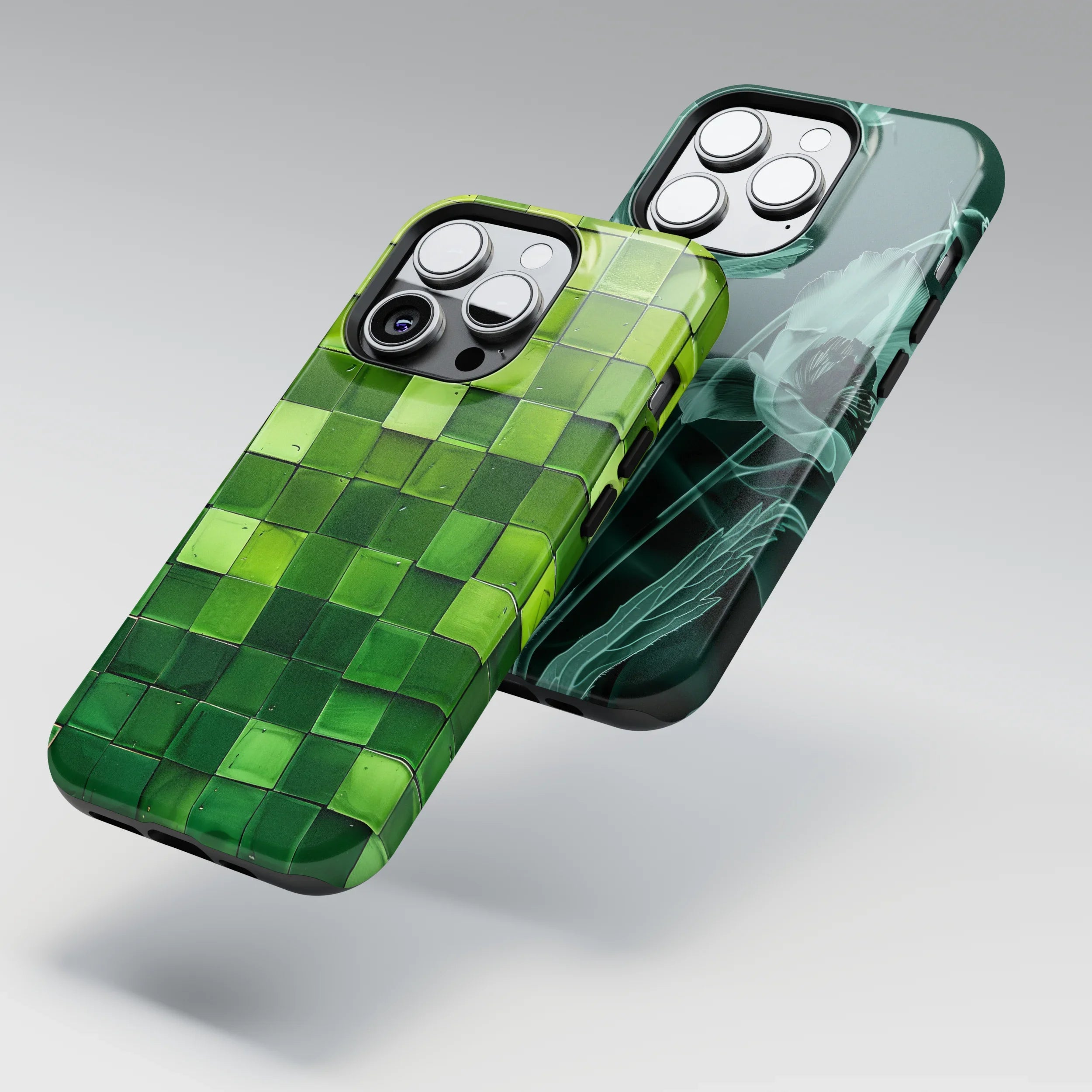Group of green phone cases in varied styles, all featuring green as the dominant color, displayed on a soft background.