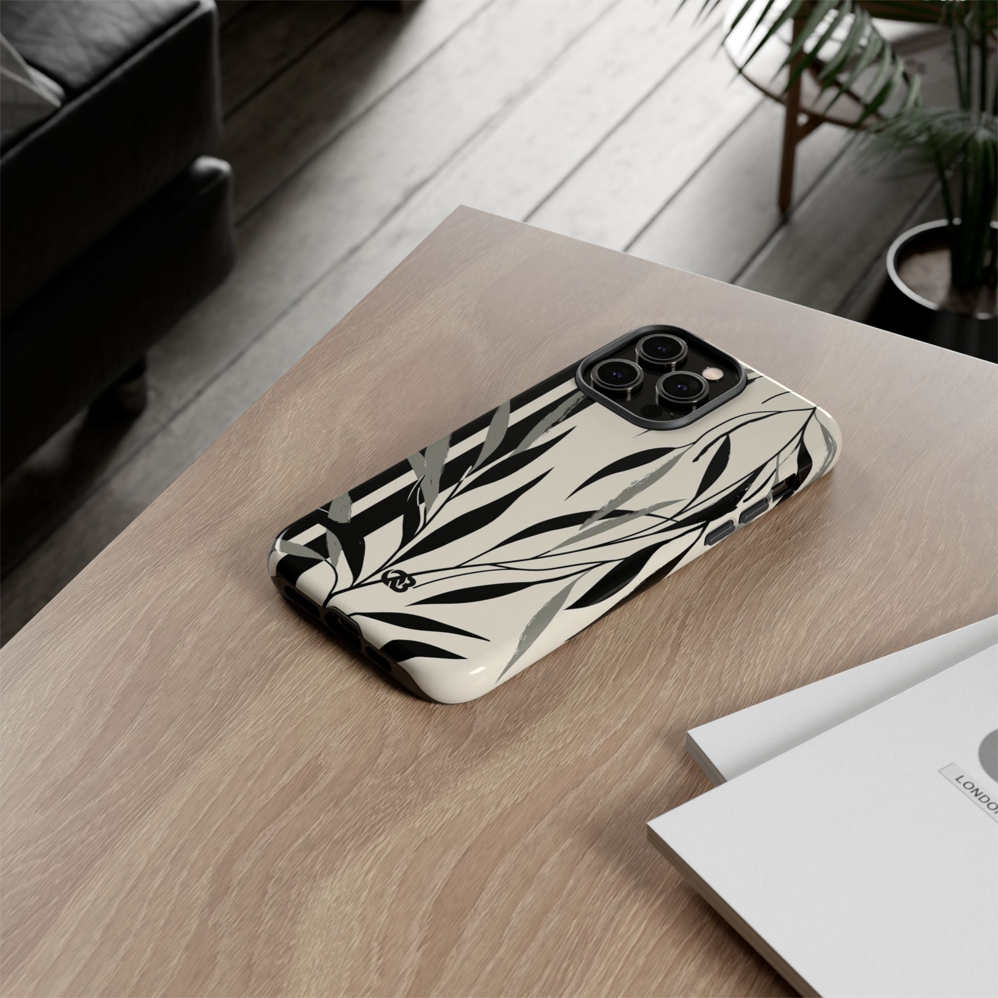 Beige Tough Phone Case for iPhone - Soot Leaf Sketch