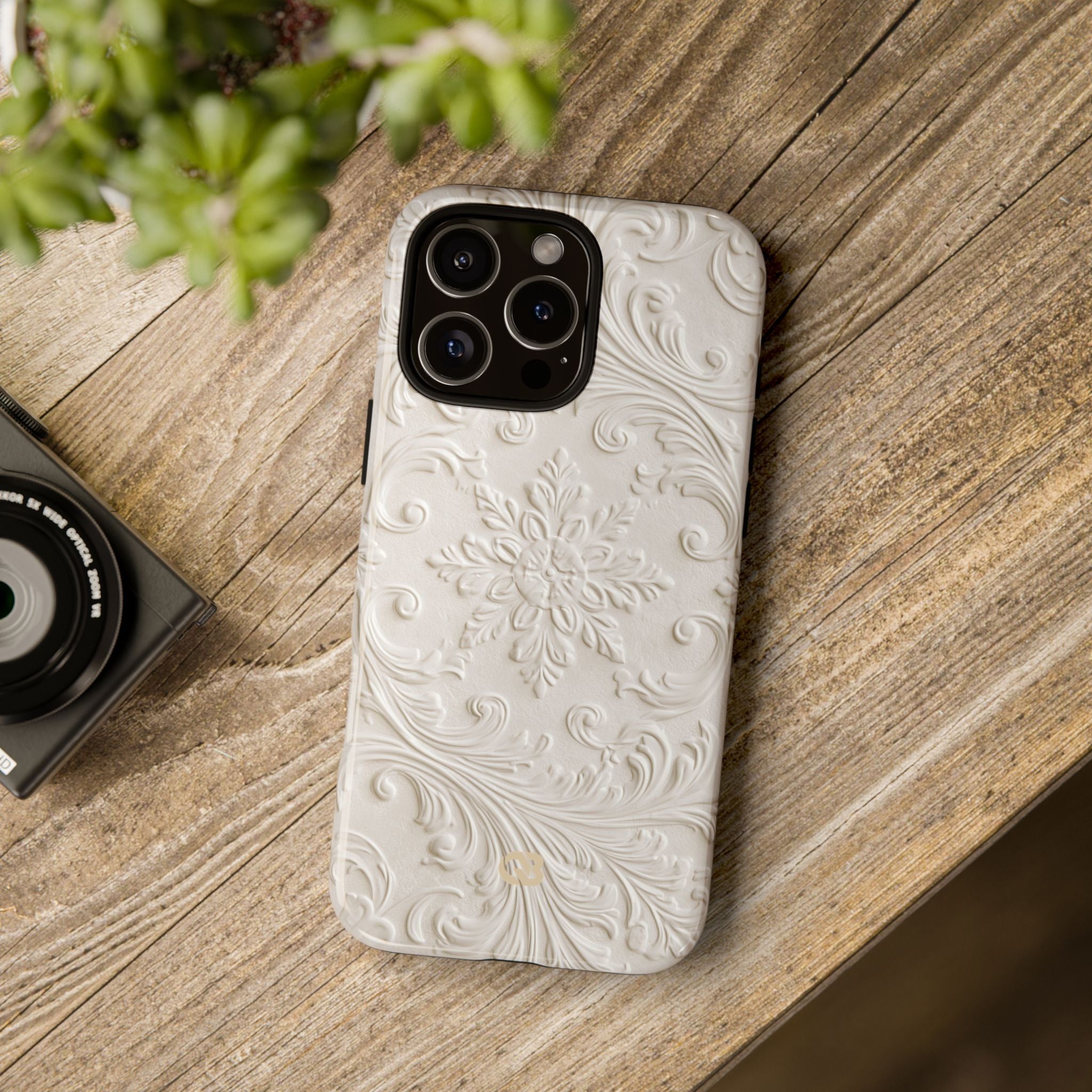 White Tough Phone Case for iPhone - Alabaster Floral Relief