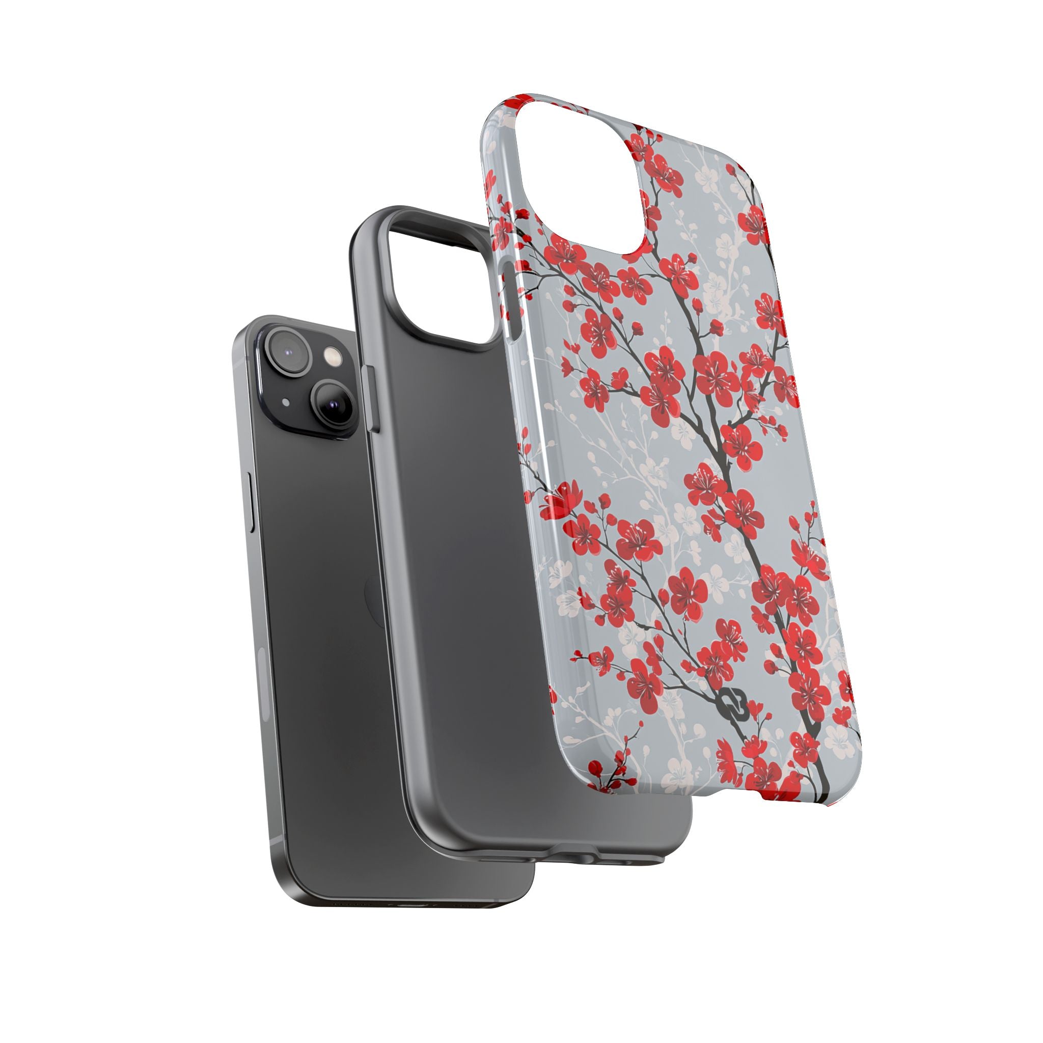 Grey Tough Phone Case for iPhone - Crimson Sakura Slate