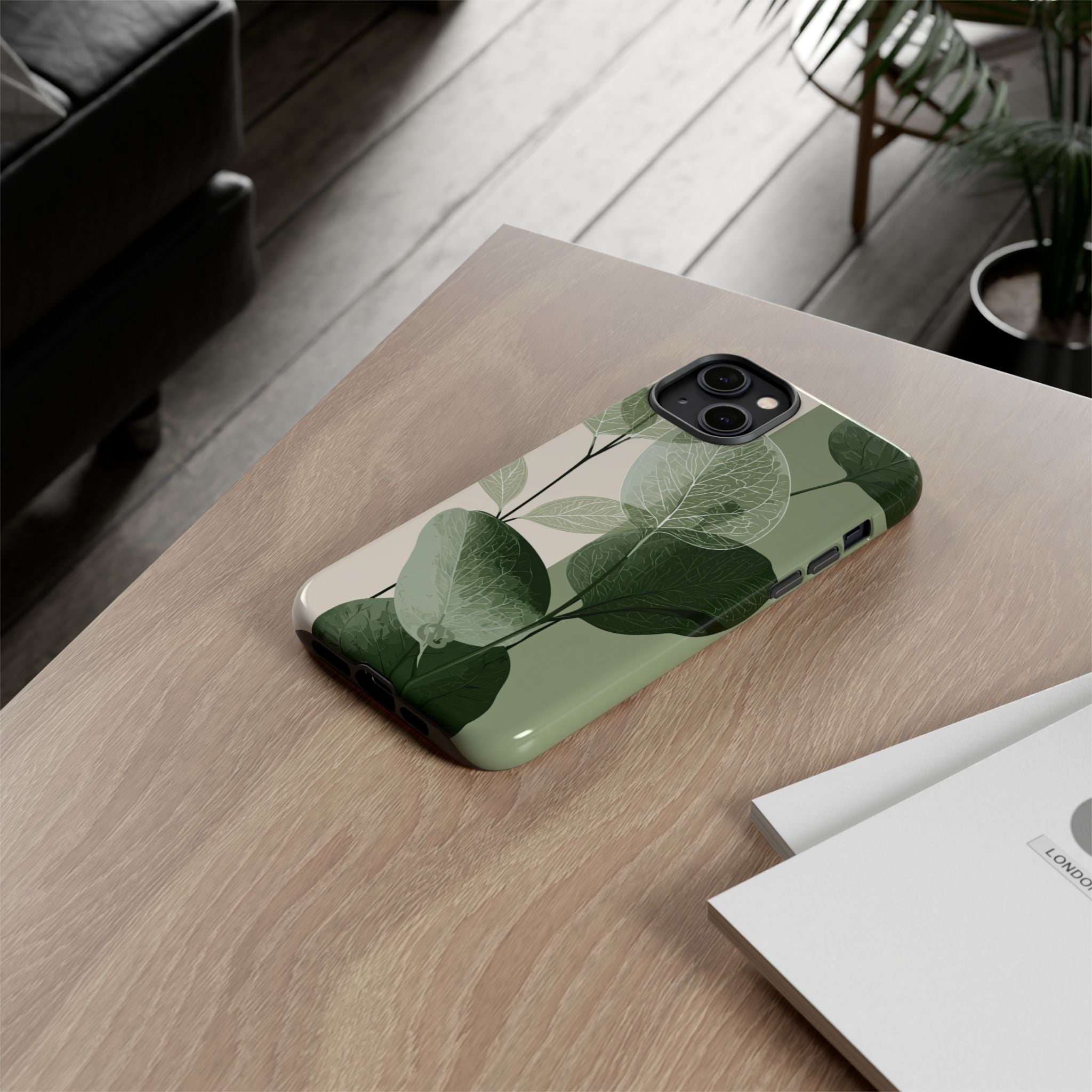 Green Tough Phone Case for iPhone - Sage Leaf Skeletals
