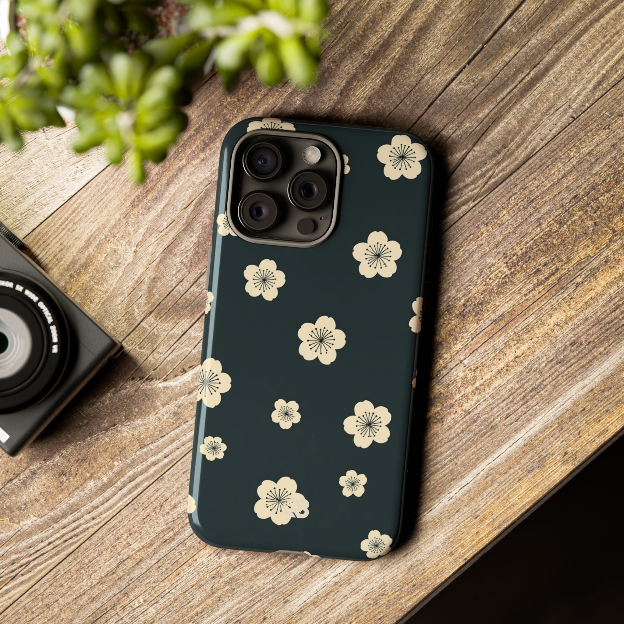 Teal Tough Phone Case for iPhone - Obsidian Cream Petals