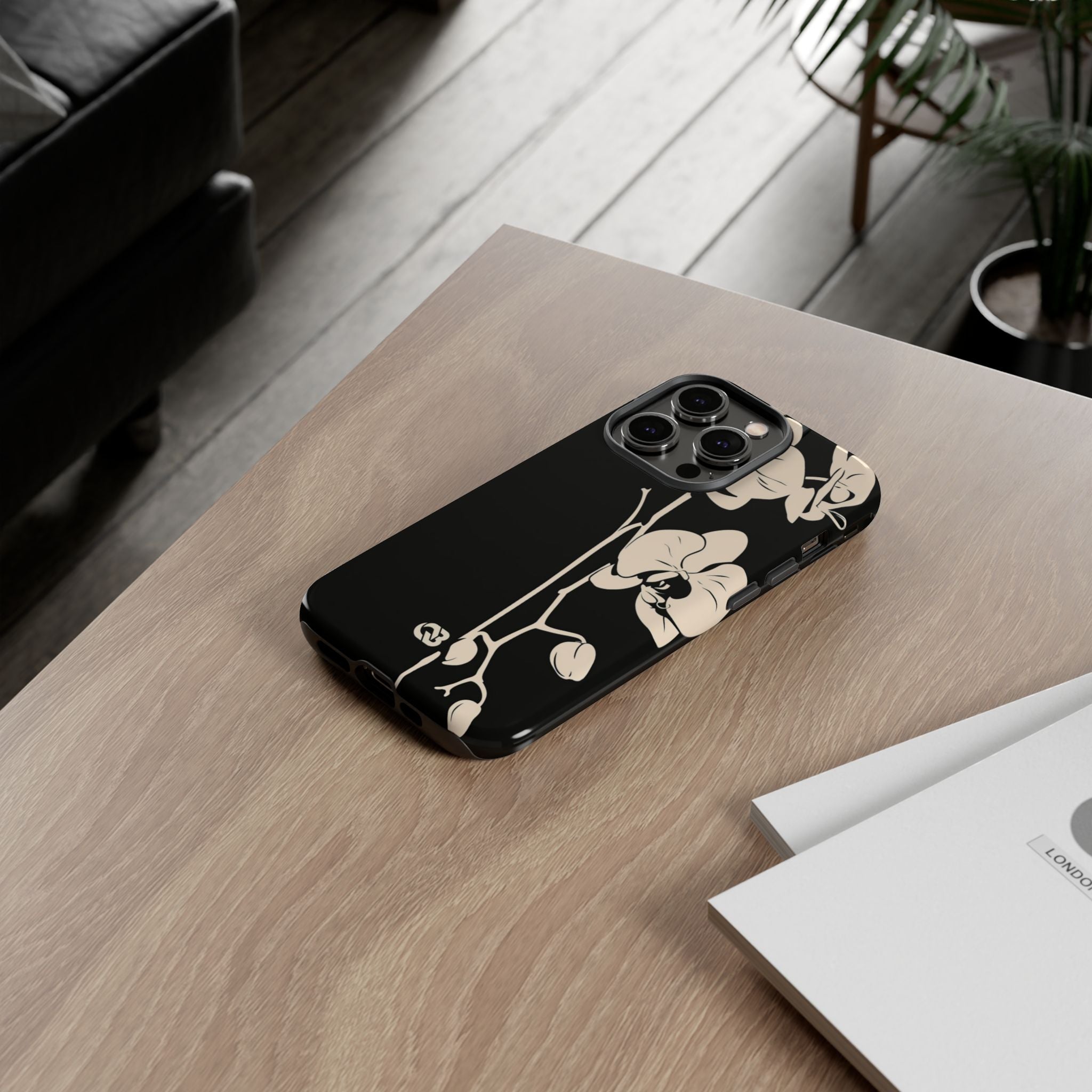 Black Tough Phone Case for iPhone - Obsidian Bone Orchid