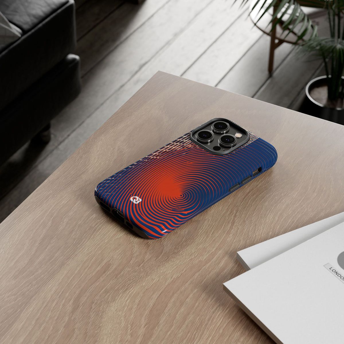 Blue Tough Phone Case for iPhone - Orange Orbit Grid
