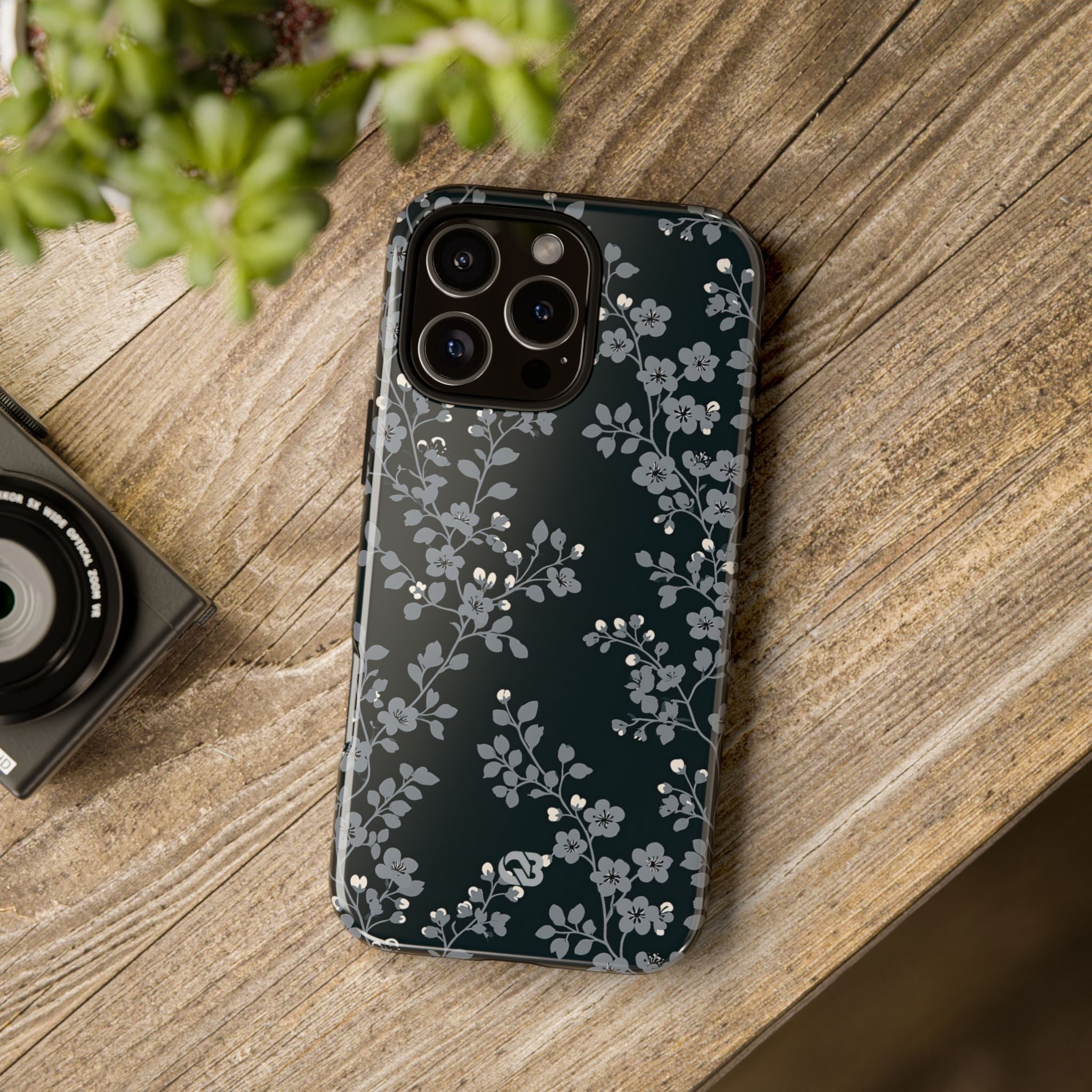 Black Tough Phone Case for iPhone - Midnight Slate Blossom