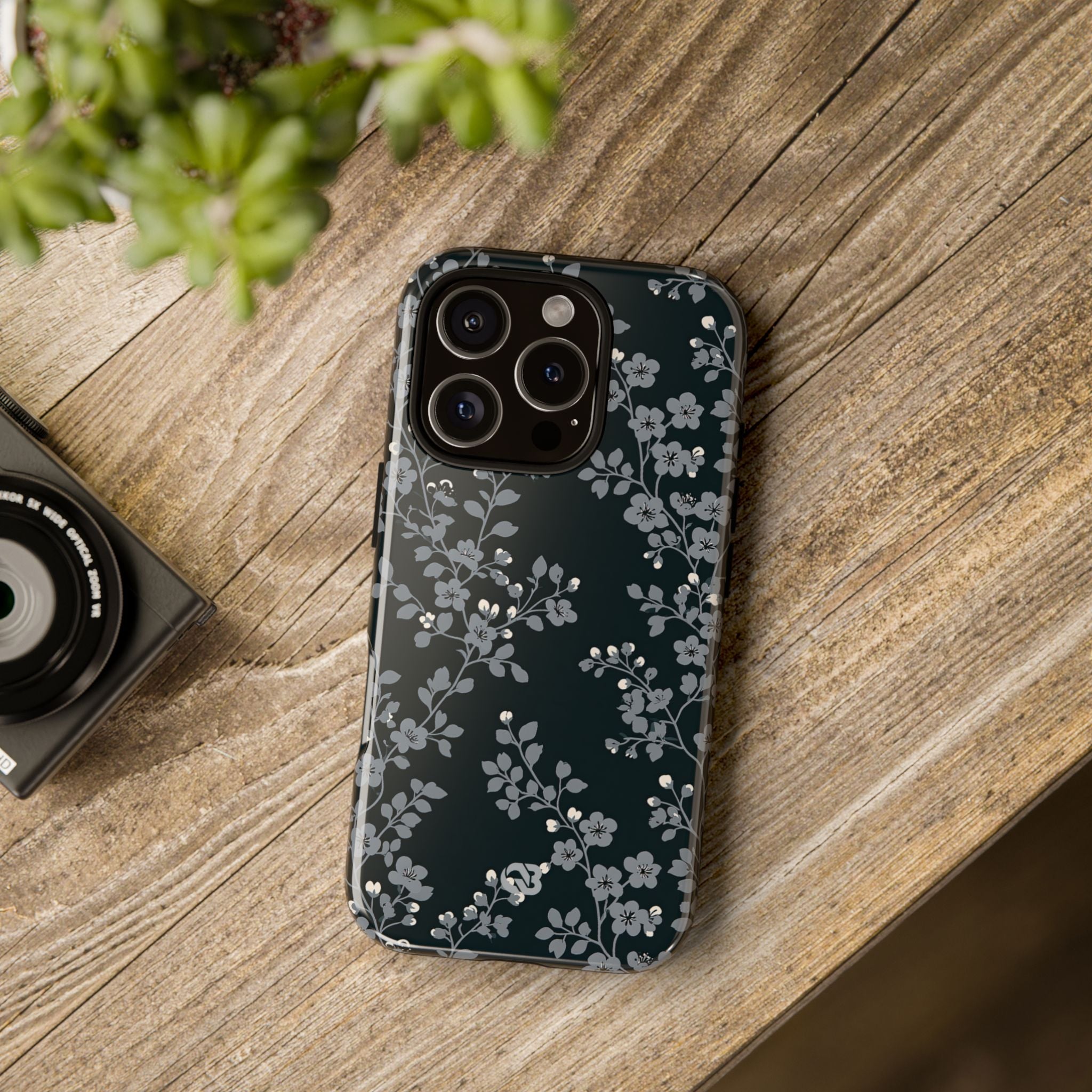 Black Tough Phone Case for iPhone - Midnight Slate Blossom