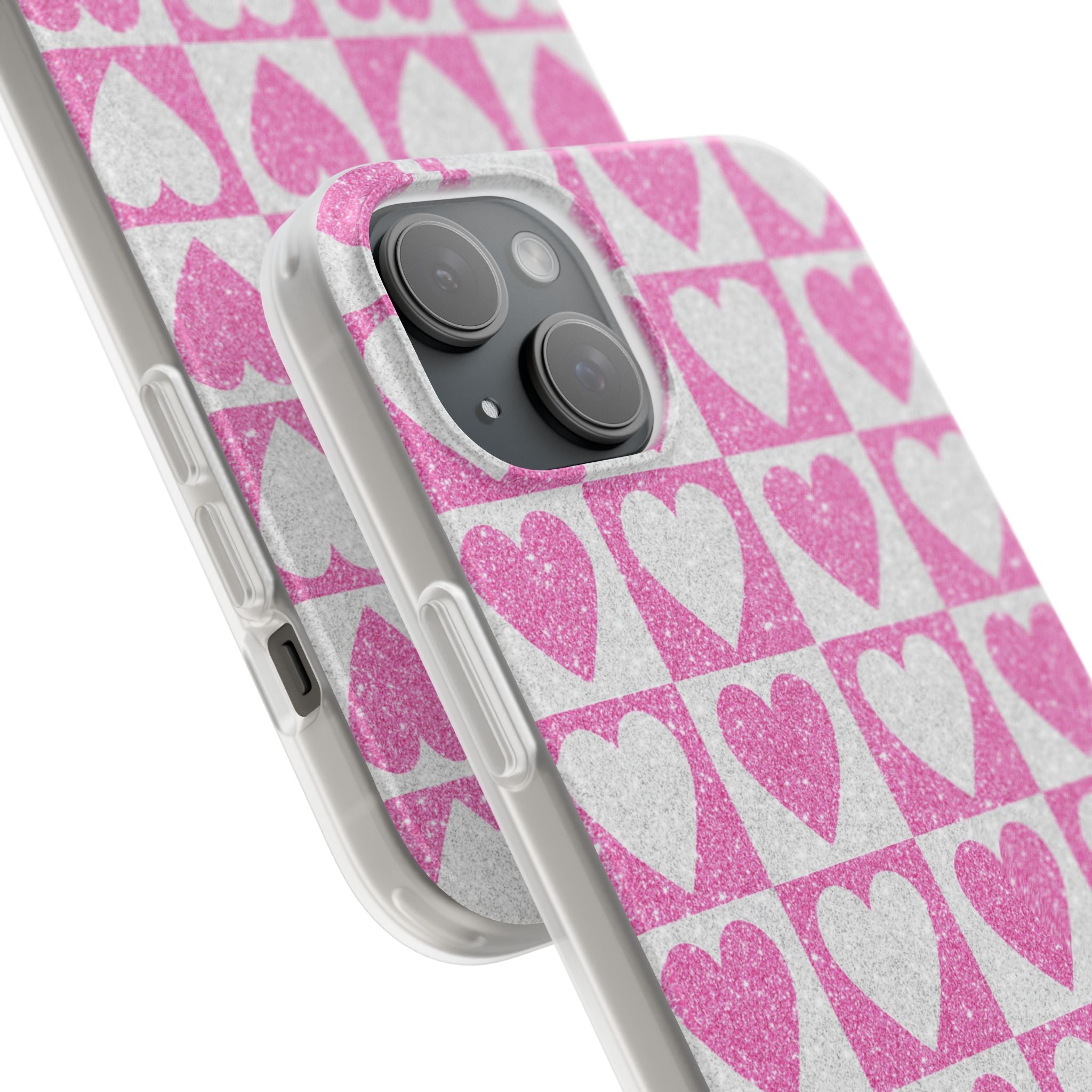 Glitter Heart Grid iPhone 15 Plus Case - Soft