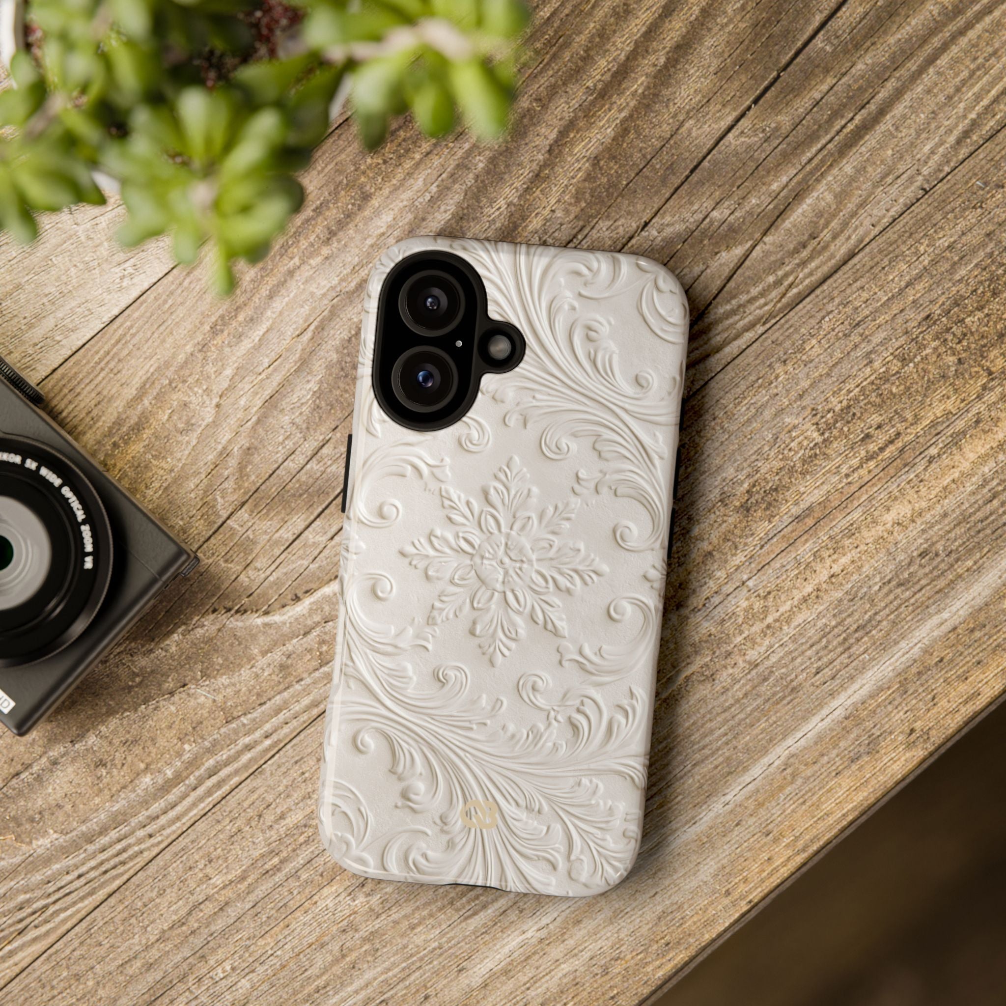 White Tough Phone Case for iPhone - Alabaster Floral Relief