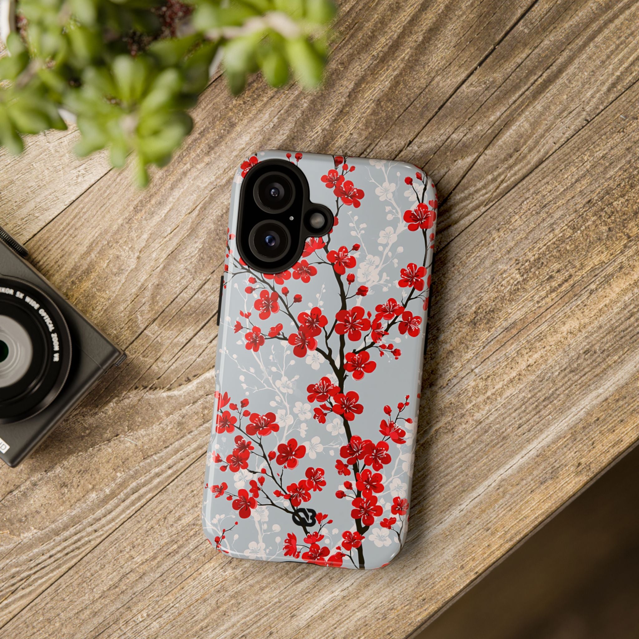 Grey Tough Phone Case for iPhone - Crimson Sakura Slate