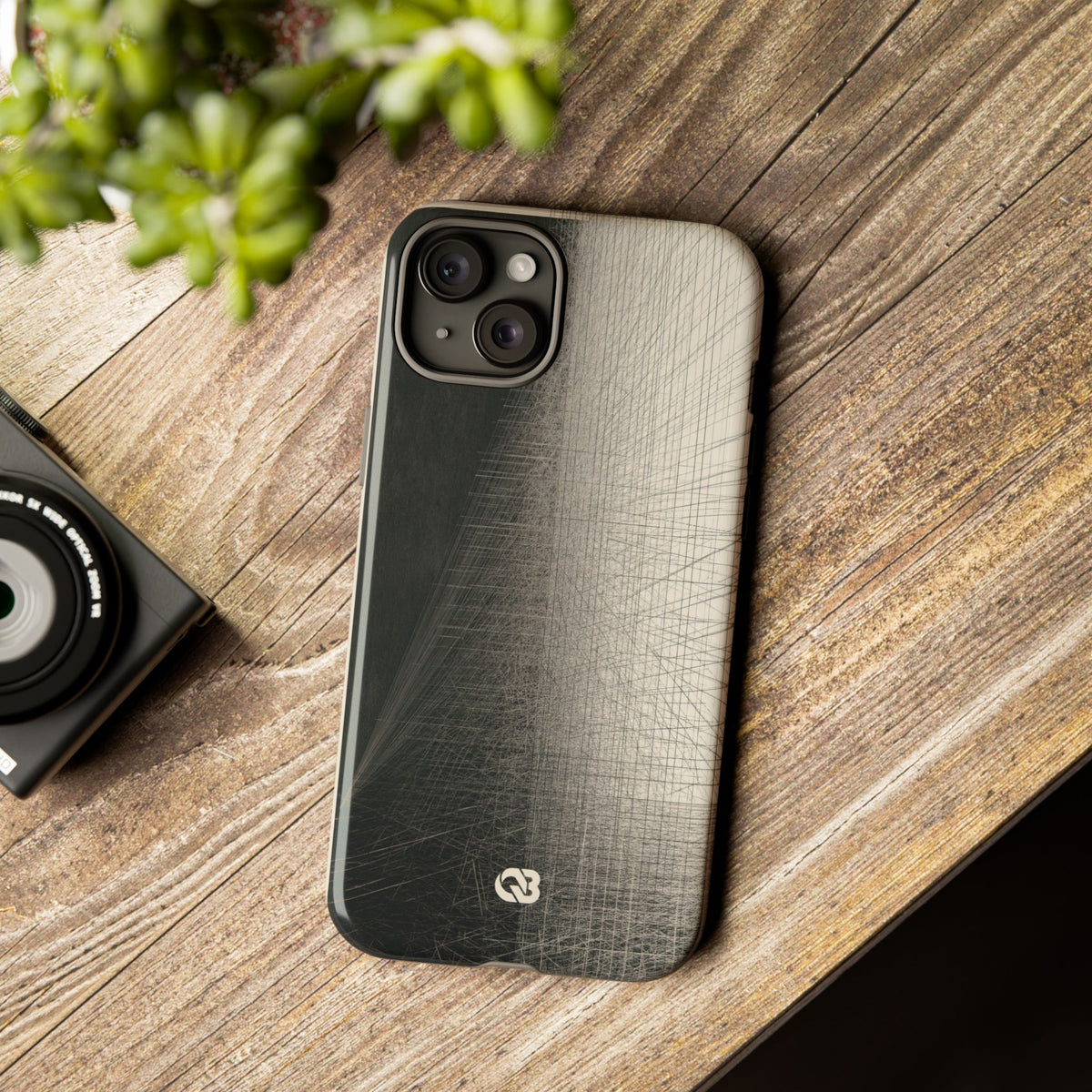 Beige Tough Phone Case for iPhone - Brutalist Graphite Grid