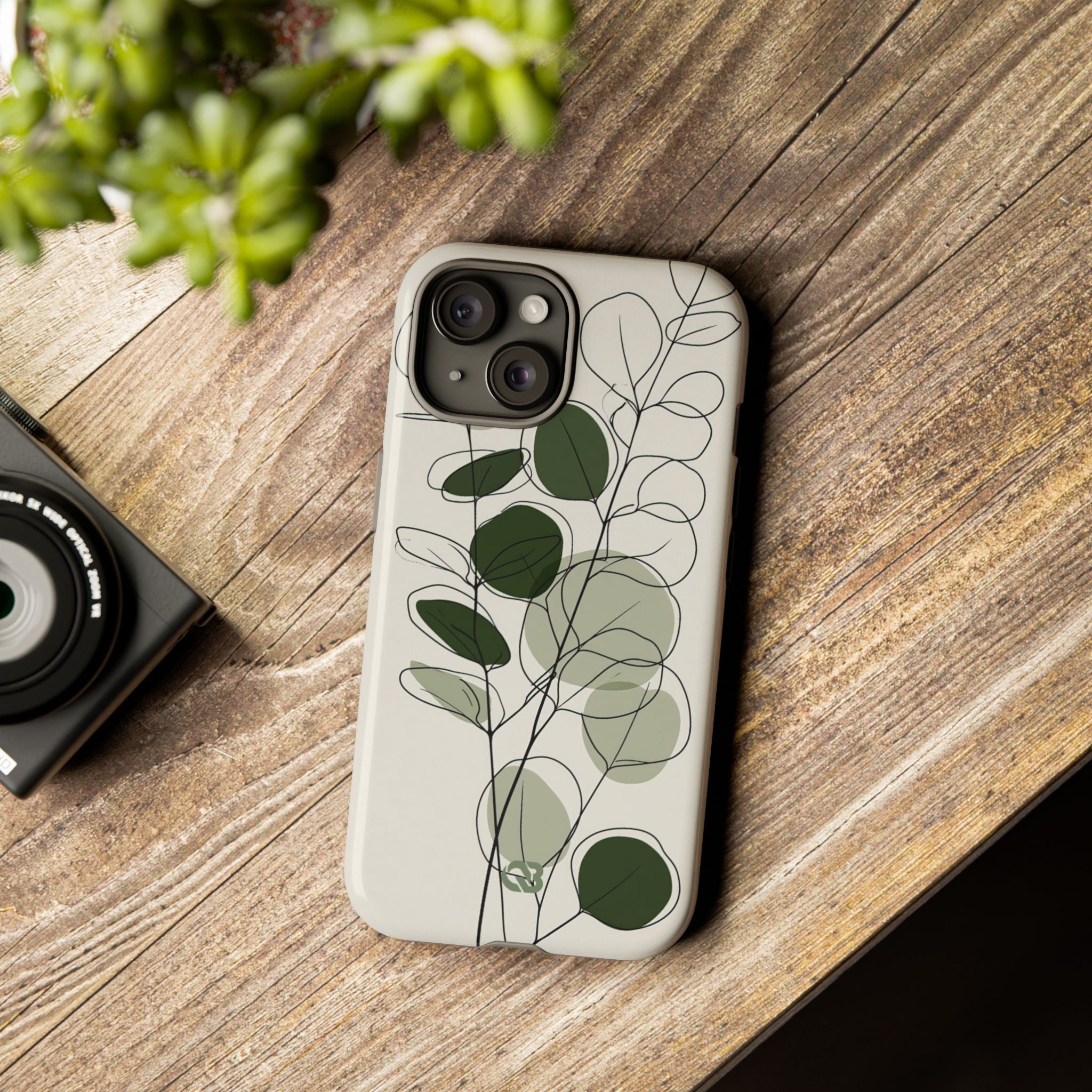 Green Tough Phone Case for iPhone - Muted Eucalyptus Sketch