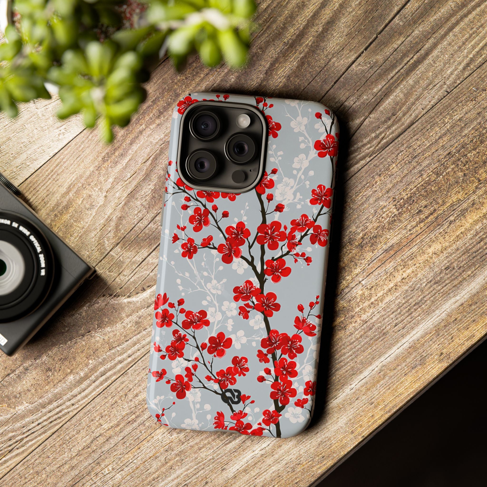 Grey Tough Phone Case for iPhone - Crimson Sakura Slate