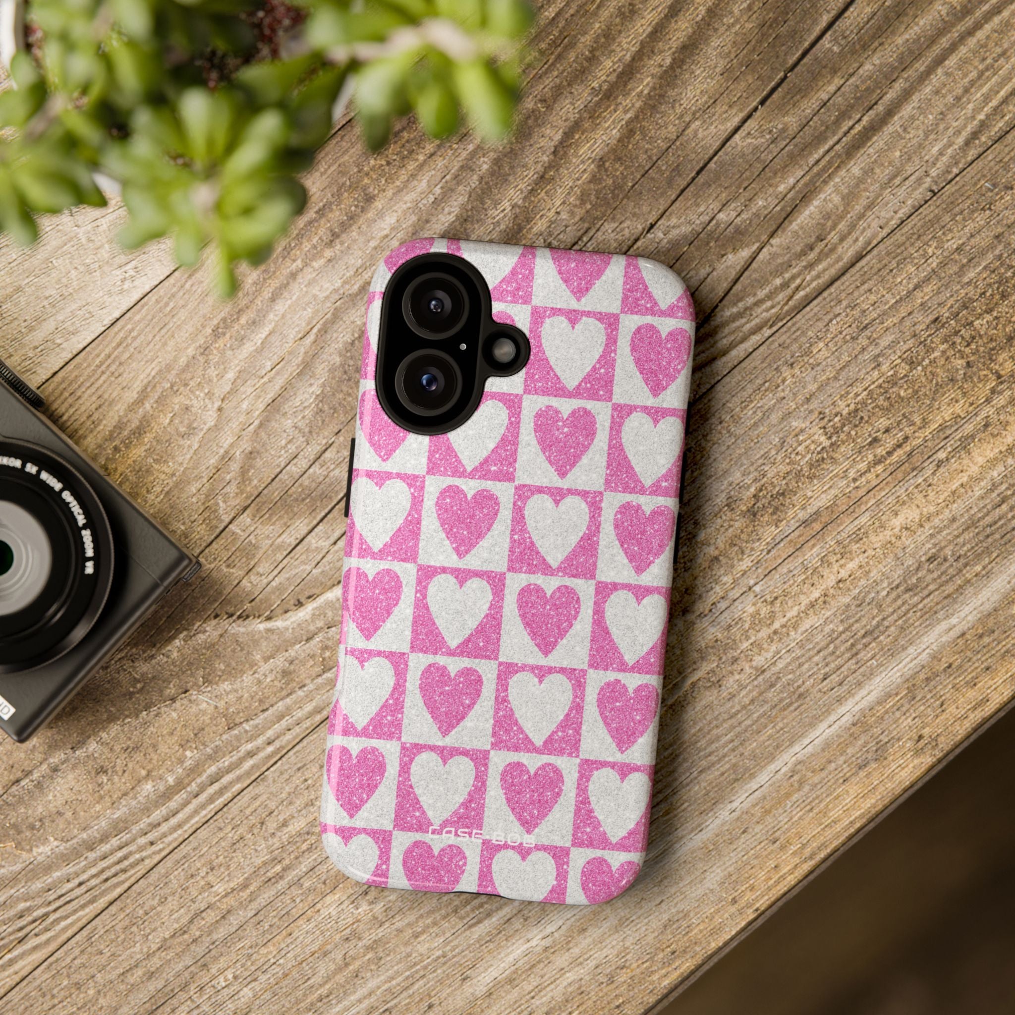 Glitter Heart Grid iPhone 16 Case - Tough