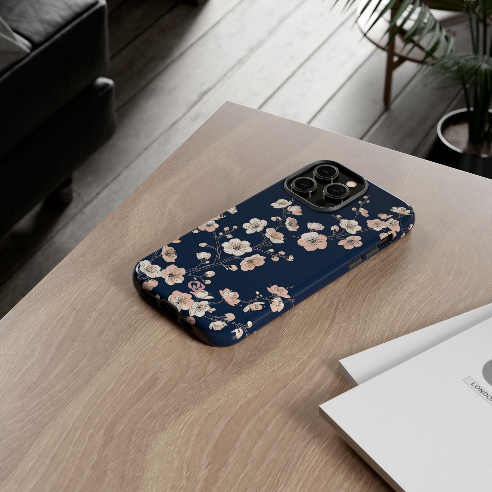 Blue Tough Phone Case for iPhone - Midnight Peach Sakura