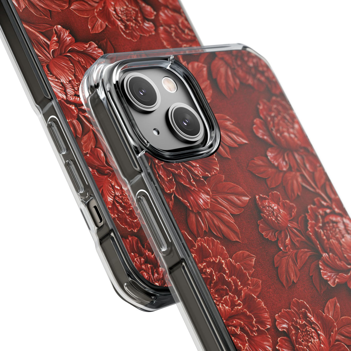 Cinnabar Peony Relief · Clear Impact Magnetic Phone Case for iPhone · Red