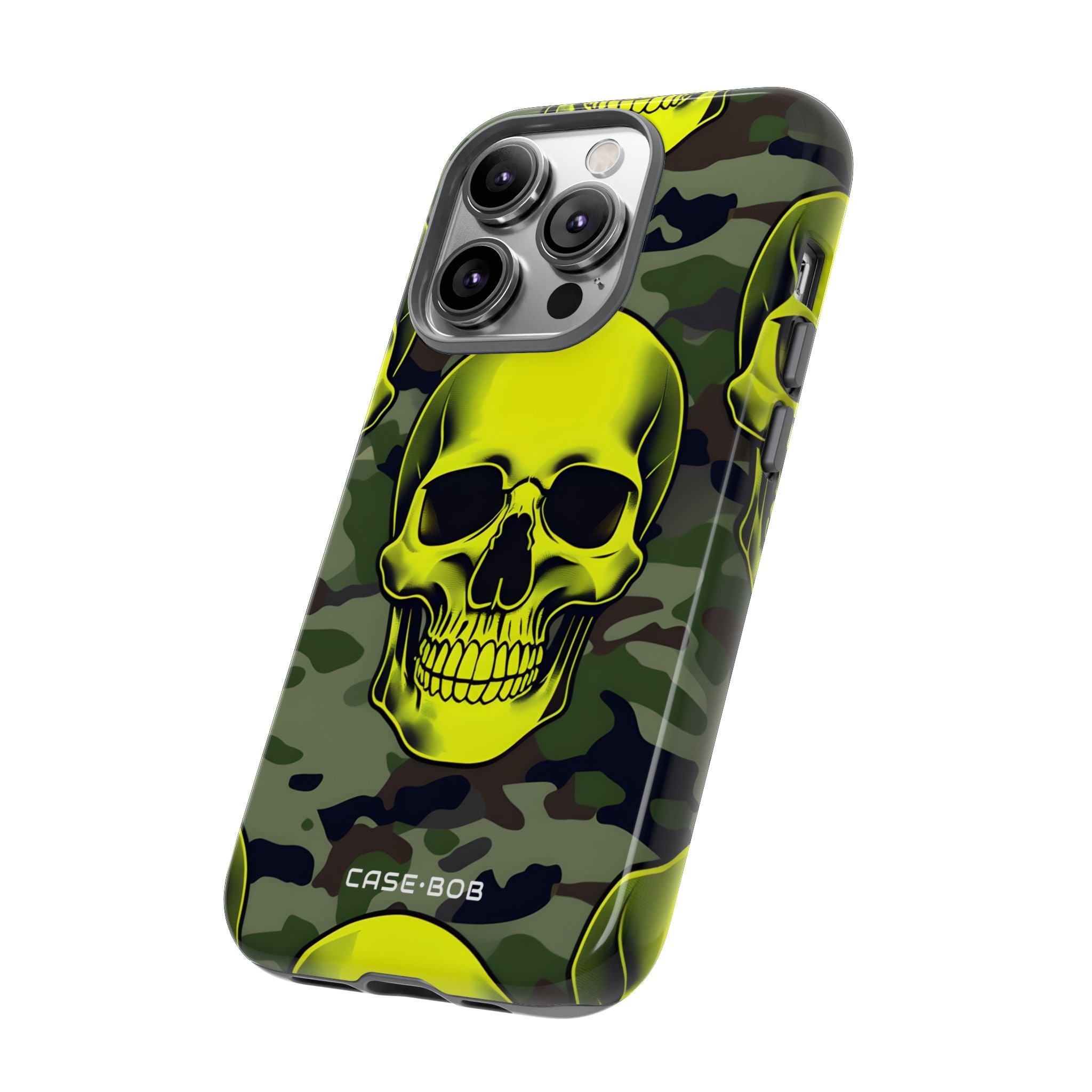 Neon Skull Camo iPhone 14 Pro - Kova suojakotelo