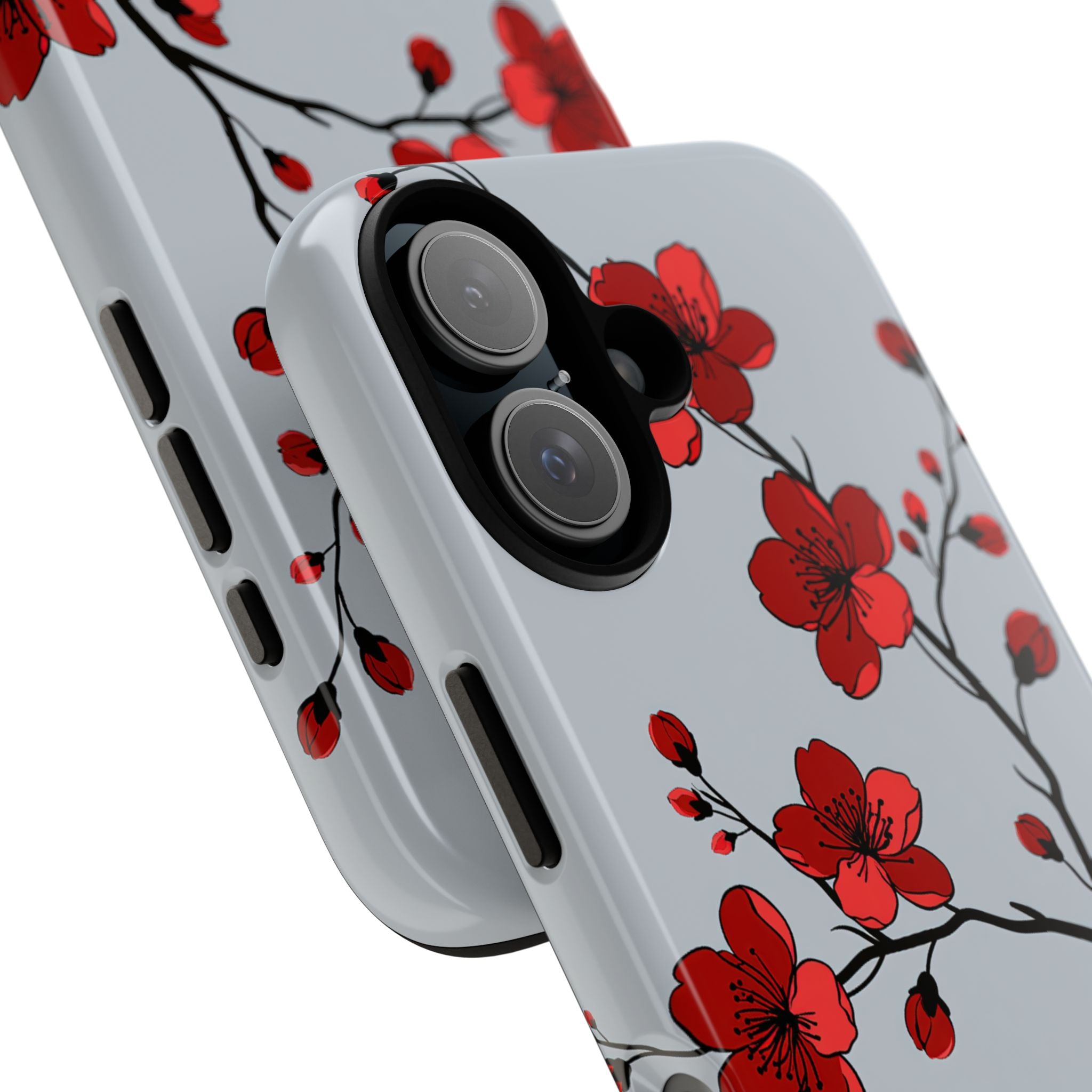 Grey Tough Phone Case for iPhone - Crimson Blossom Onyx