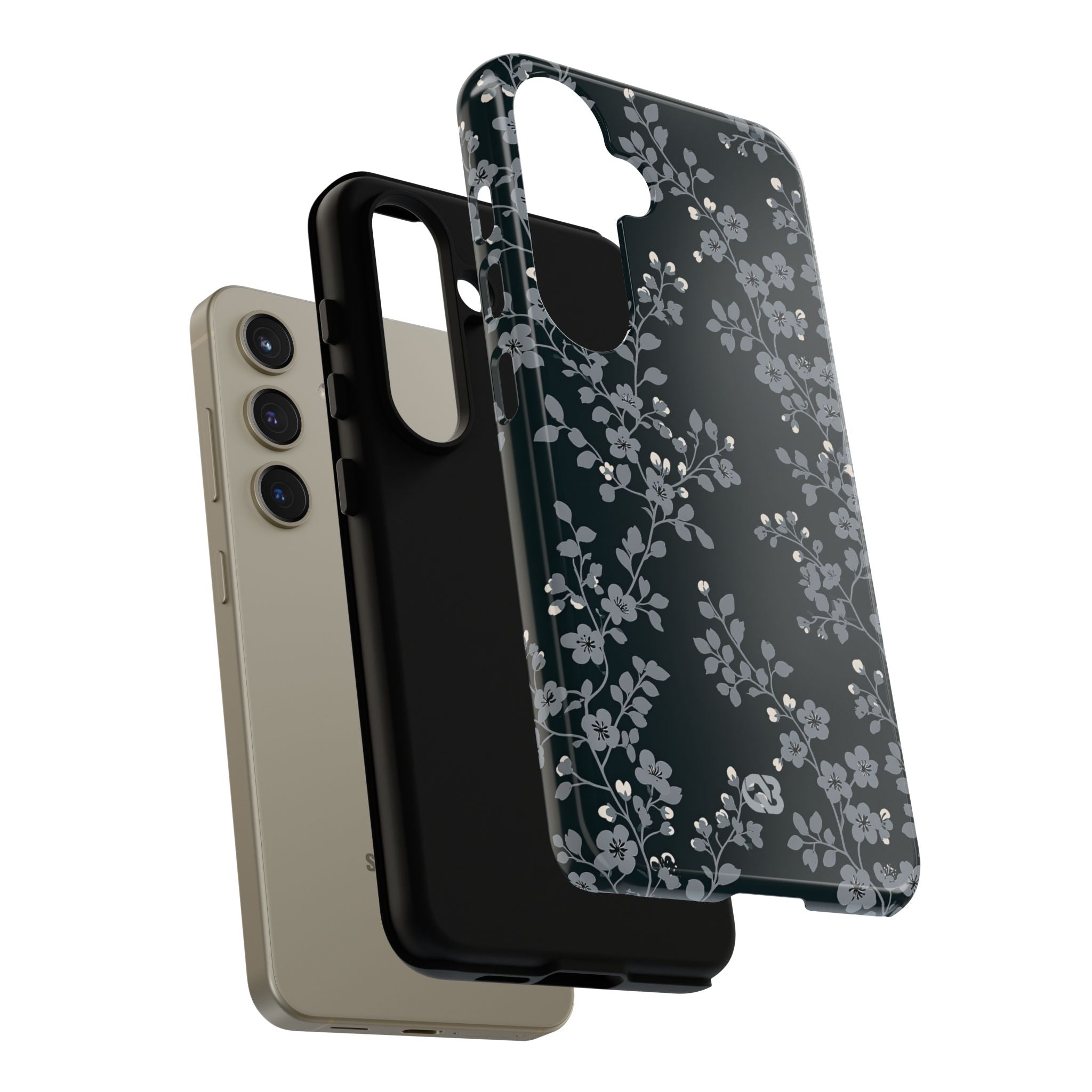 Black Tough Phone Case for Samsung - Midnight Slate Blossom