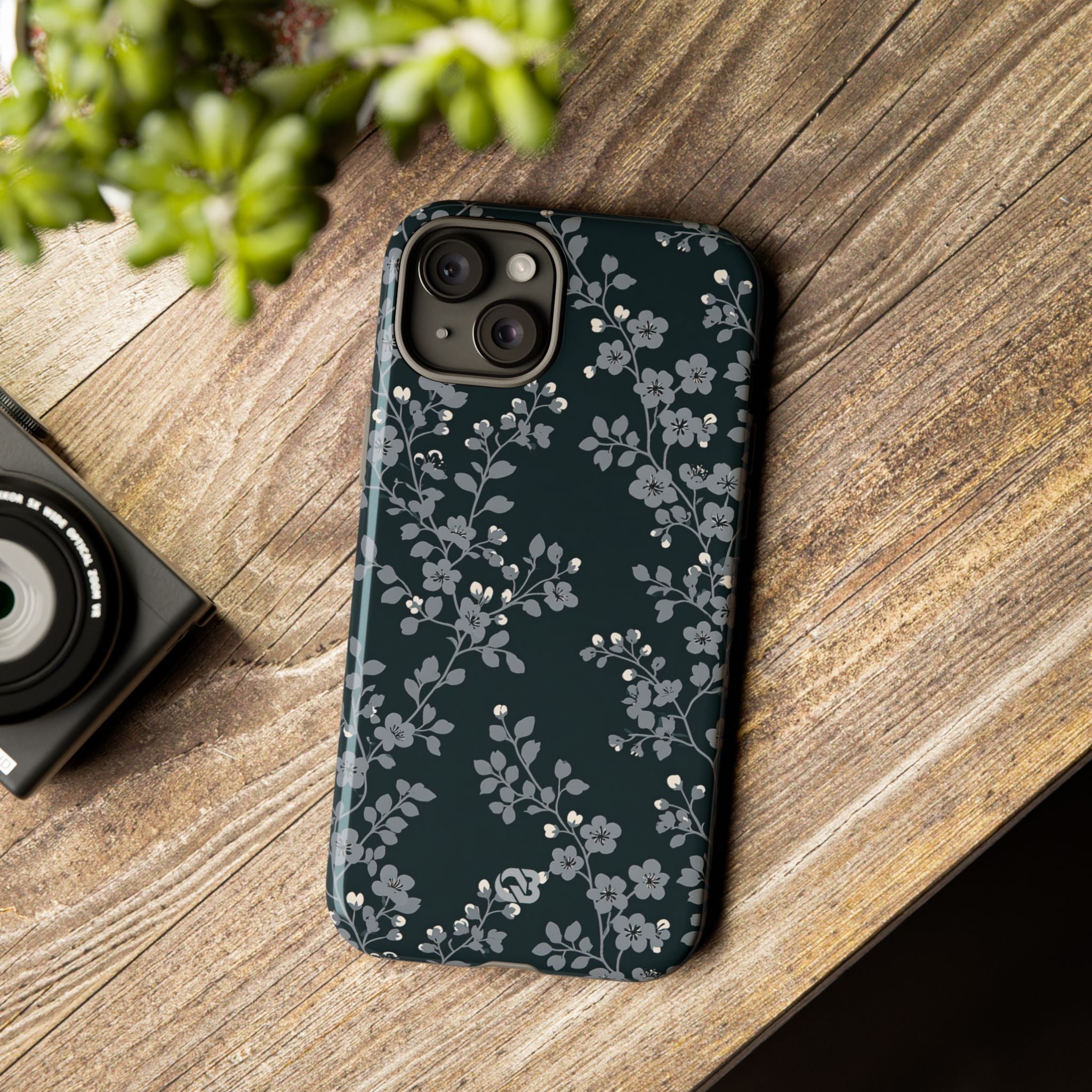 Black Tough Phone Case for iPhone - Midnight Slate Blossom