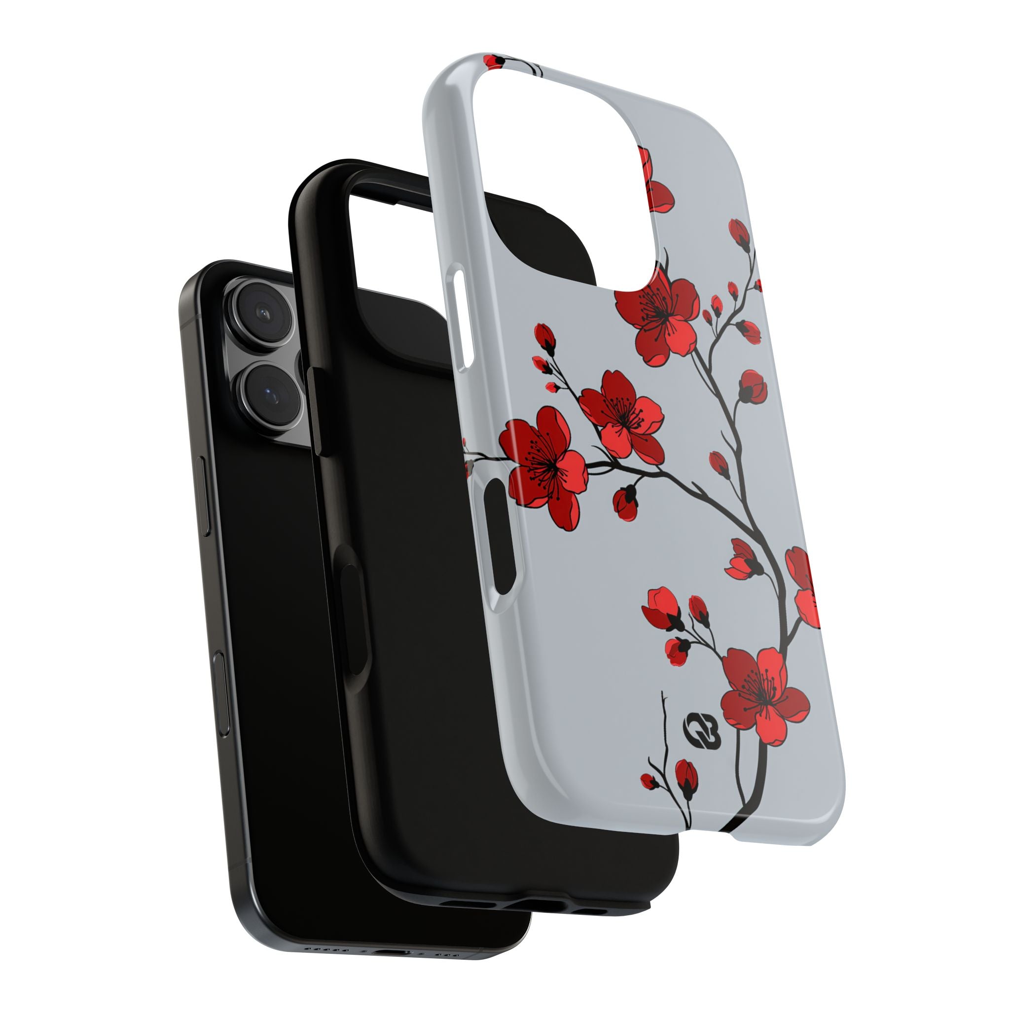 Grey Tough Phone Case for iPhone - Crimson Blossom Onyx