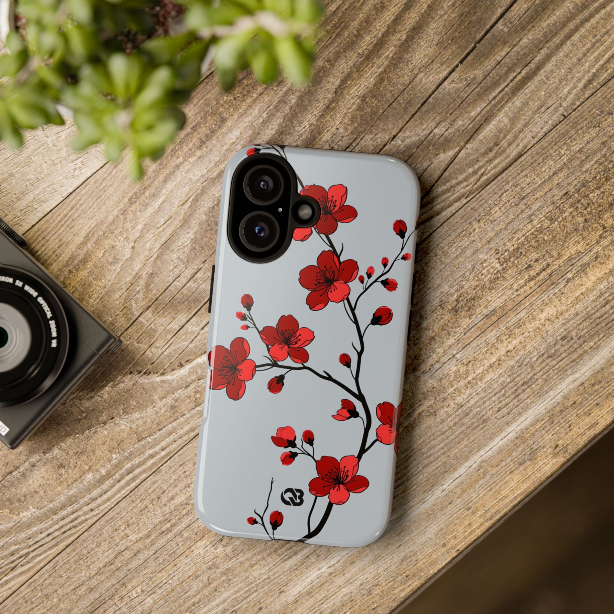 Grey Tough Phone Case for iPhone - Crimson Blossom Onyx