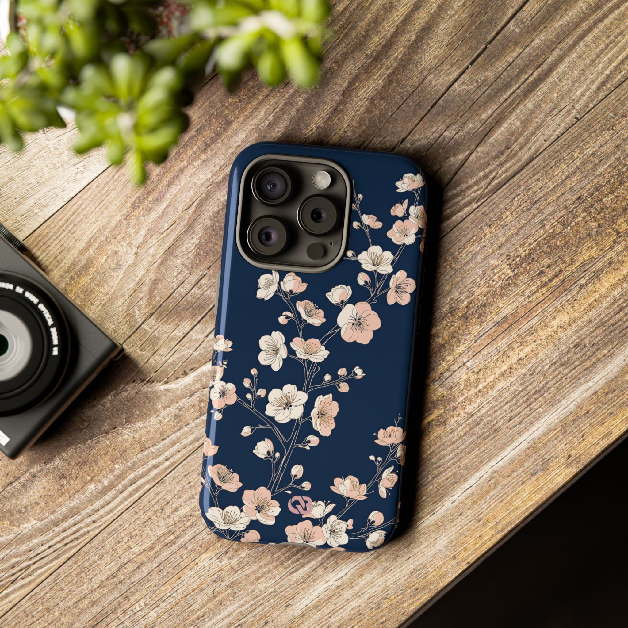 Blue Tough Phone Case for iPhone - Midnight Peach Sakura