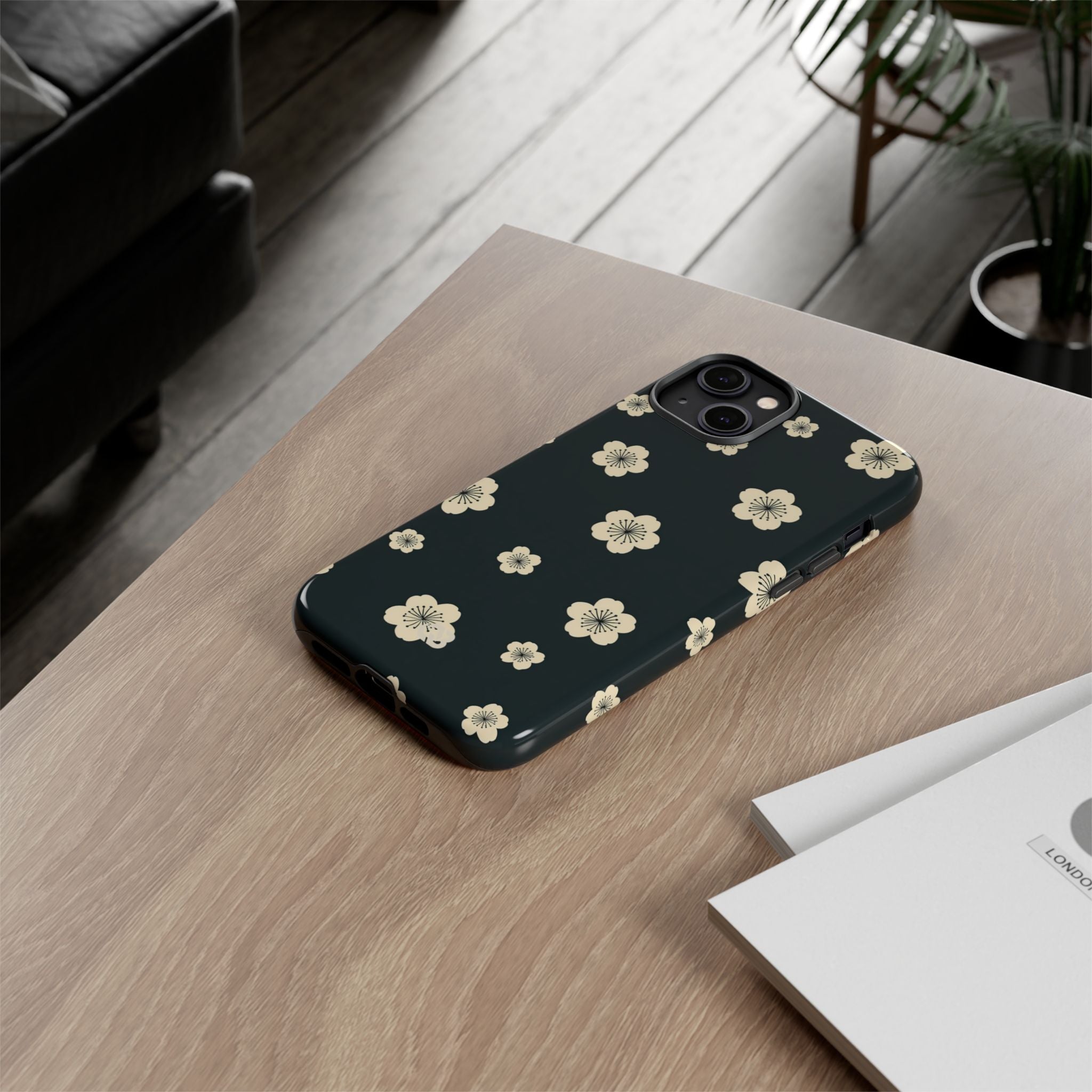 Teal Tough Phone Case for iPhone - Obsidian Cream Petals