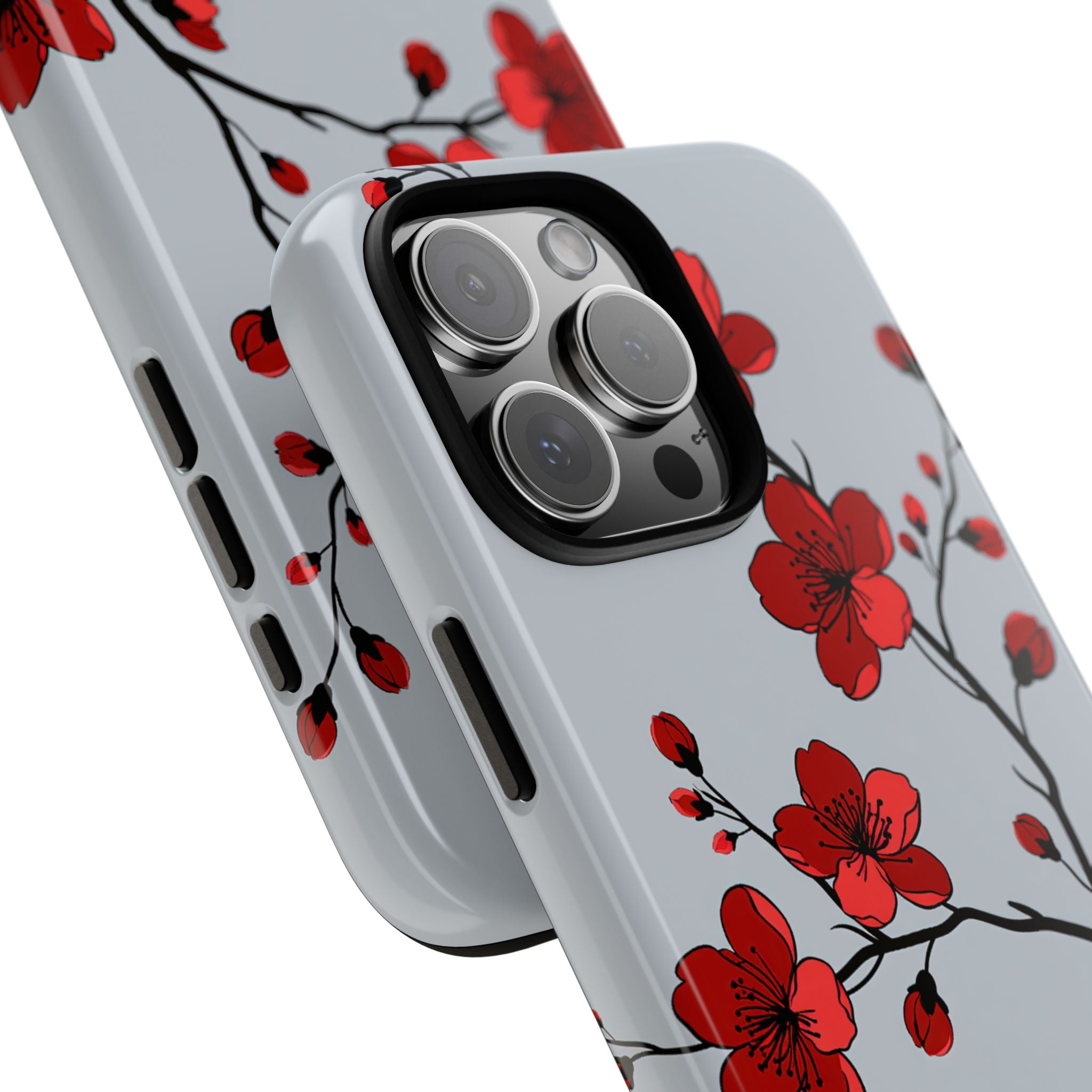 Grey Tough Phone Case for iPhone - Crimson Blossom Onyx