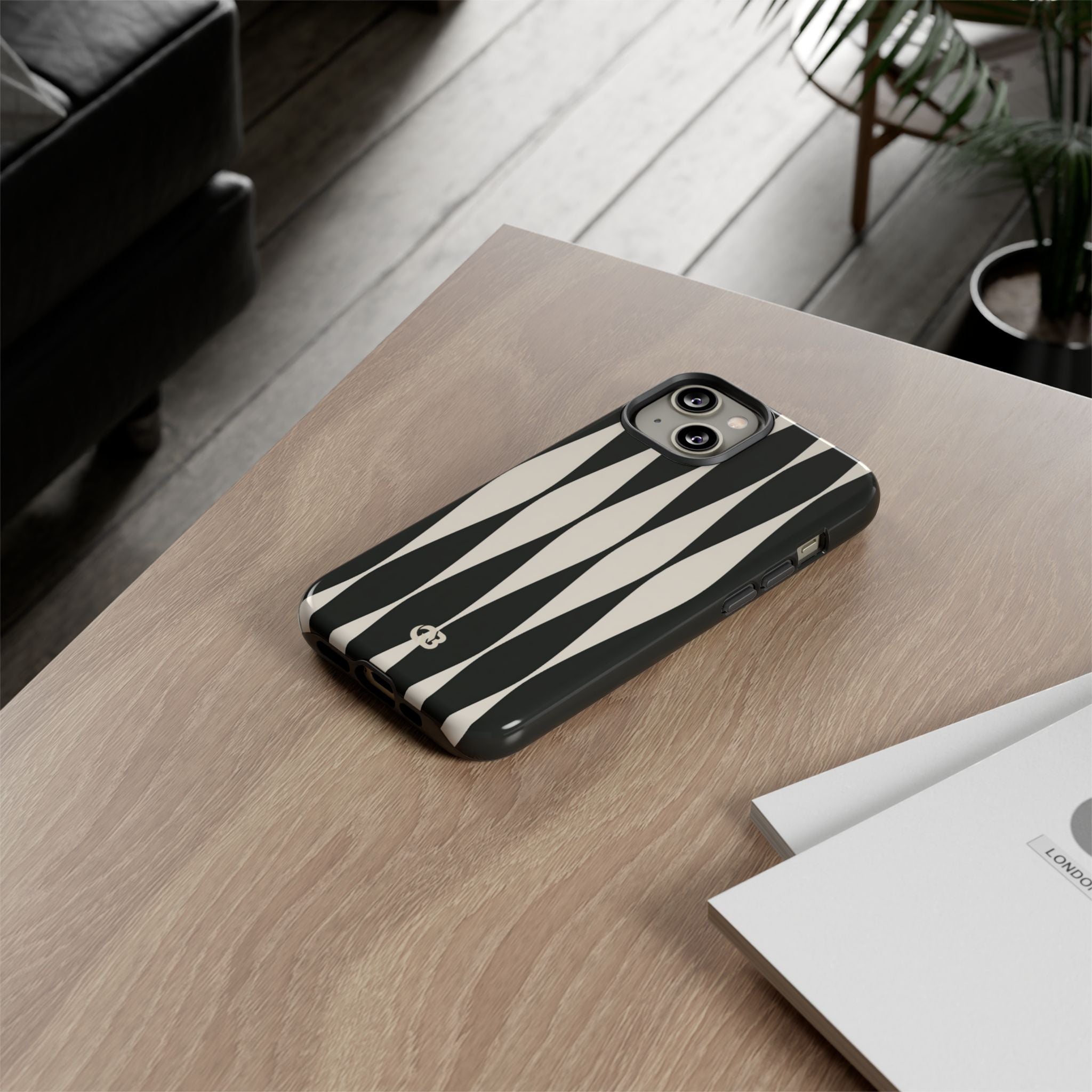 Black Tough Phone Case for iPhone - Ivory Spindle Grid