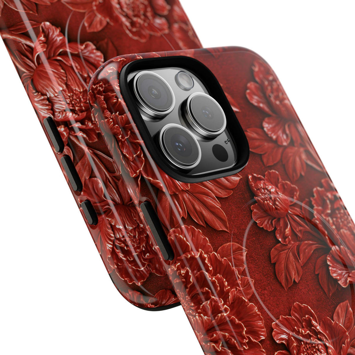 Cinnabar Peony Relief · Tough 2.0 Magnetic Phone Case for iPhone · Red