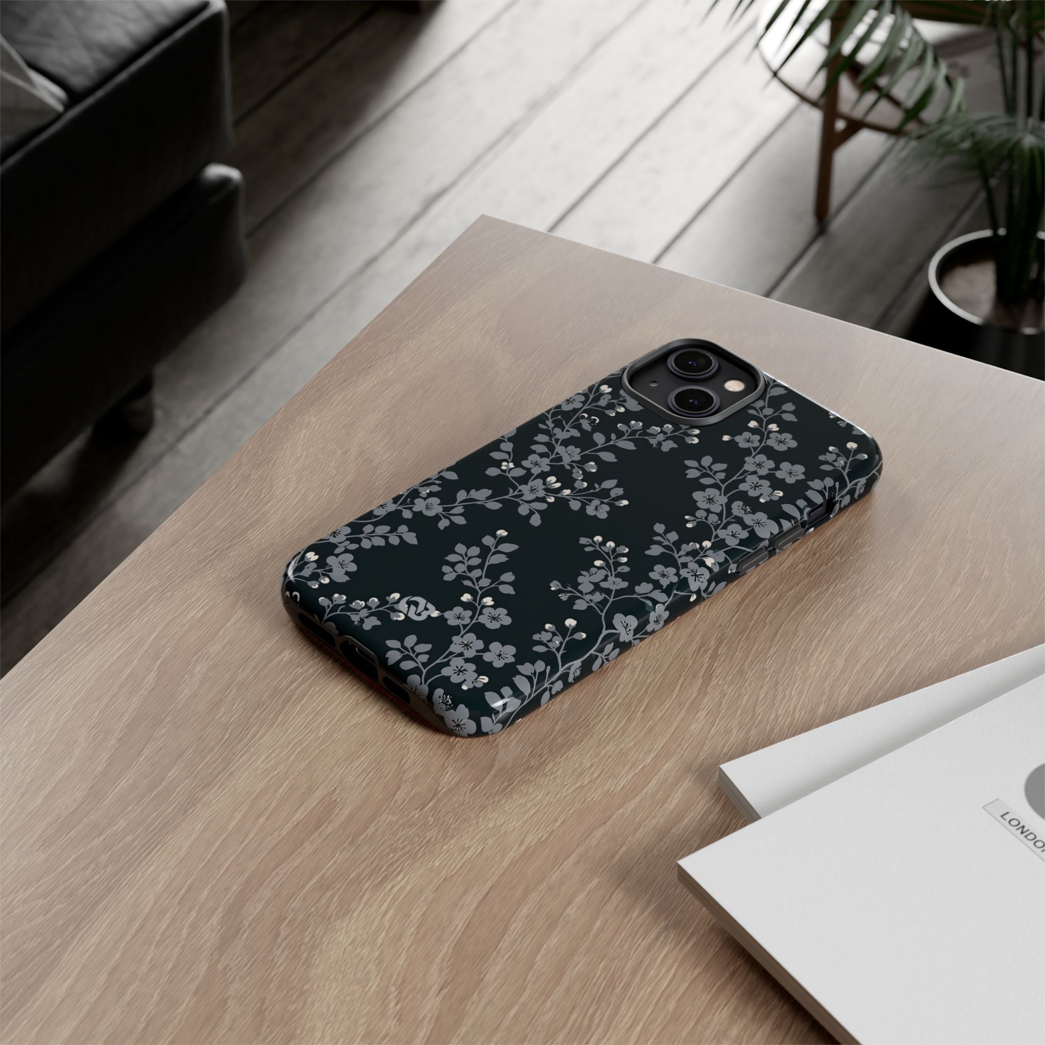 Black Tough Phone Case for iPhone - Midnight Slate Blossom