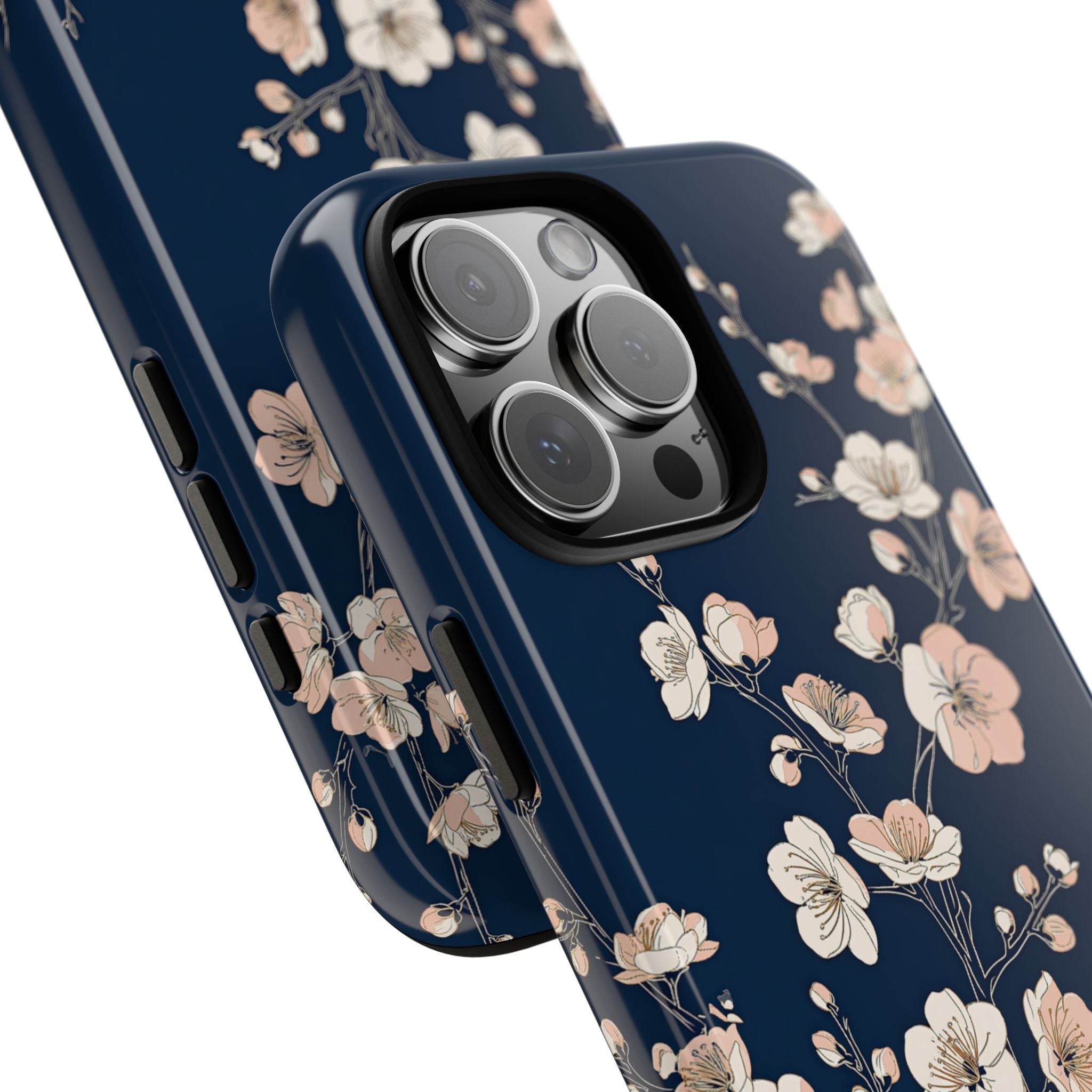 Blue Tough Phone Case for iPhone - Midnight Peach Sakura