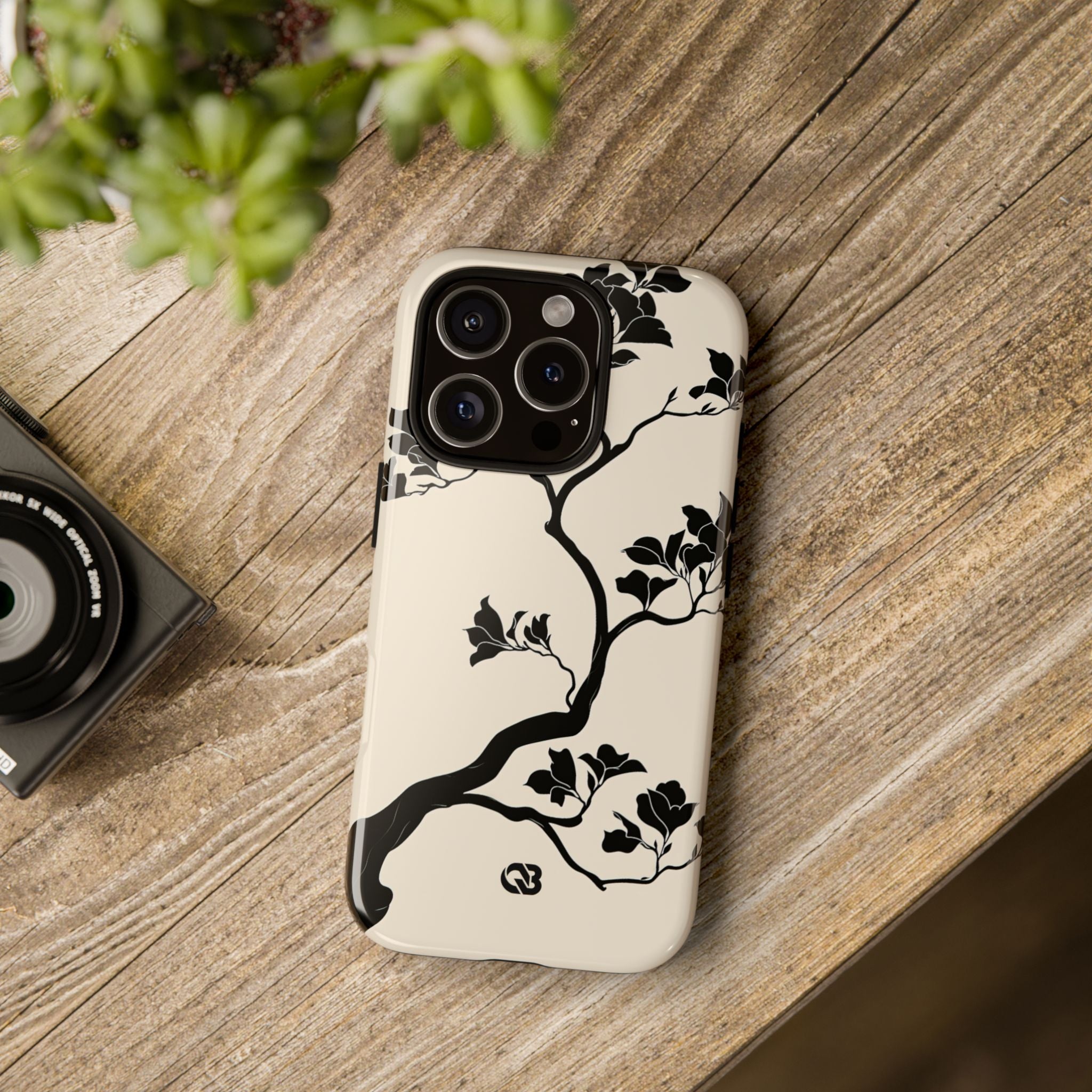 Beige Tough Phone Case for iPhone - Obsidian Bonsai Silhouette
