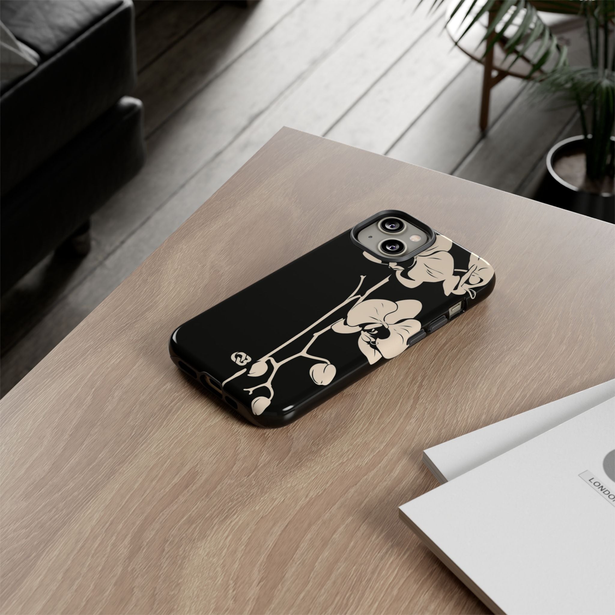 Black Tough Phone Case for iPhone - Obsidian Bone Orchid