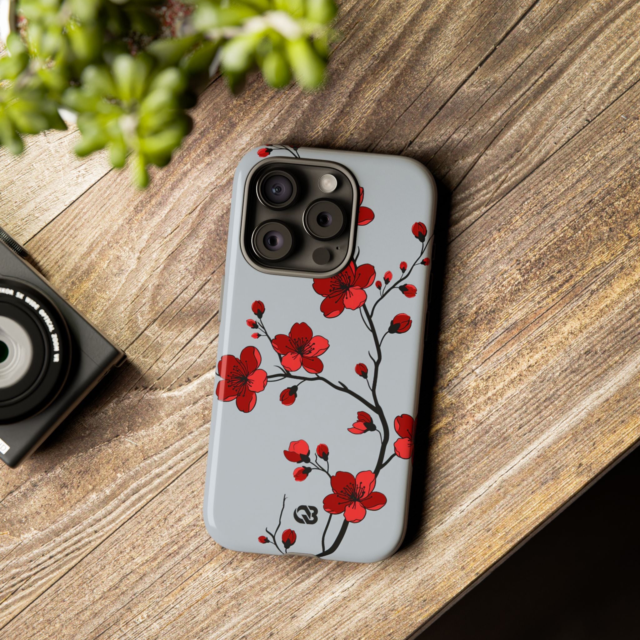 Grey Tough Phone Case for iPhone - Crimson Blossom Onyx