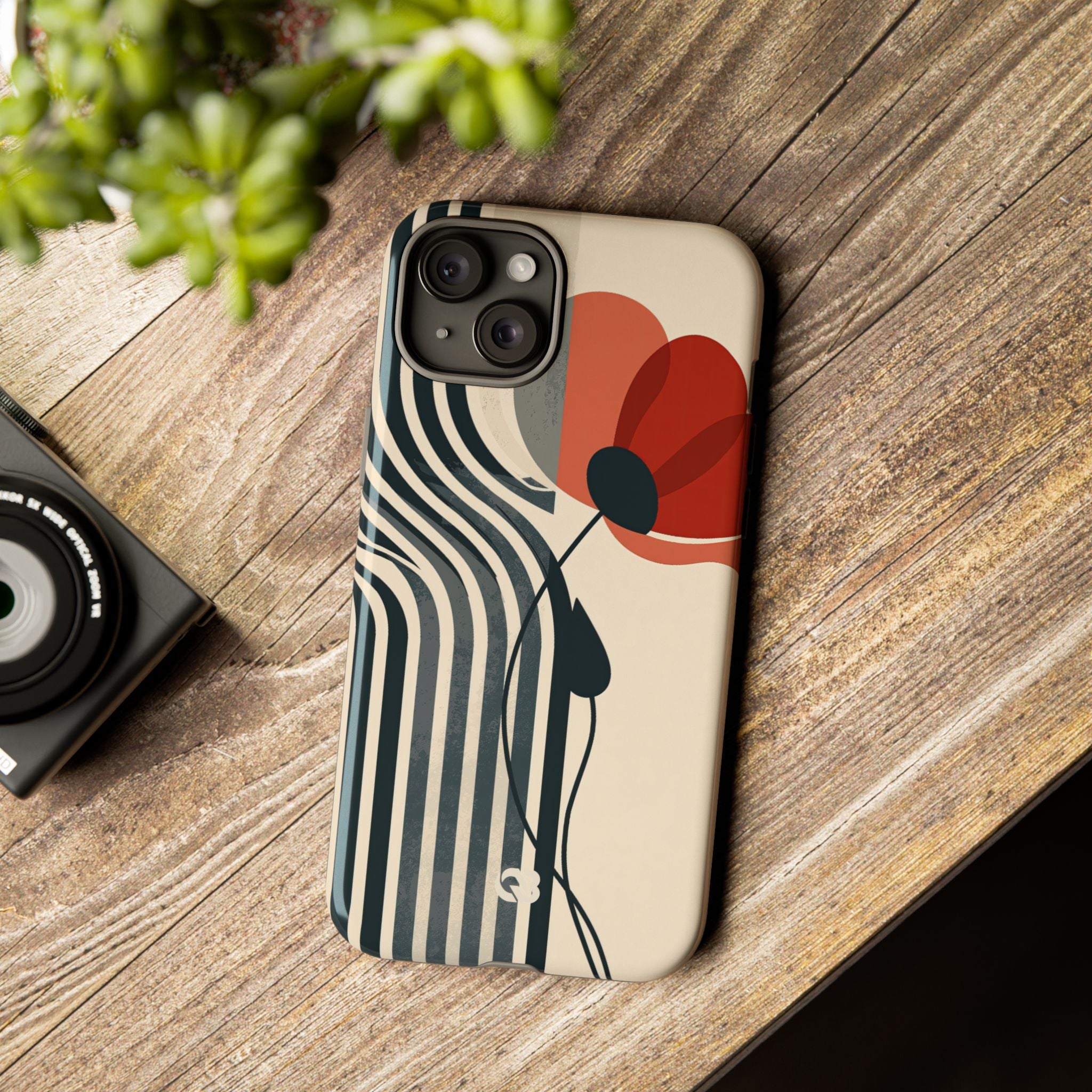 Beige Tough Phone Case for iPhone - Crimson Line Bloom