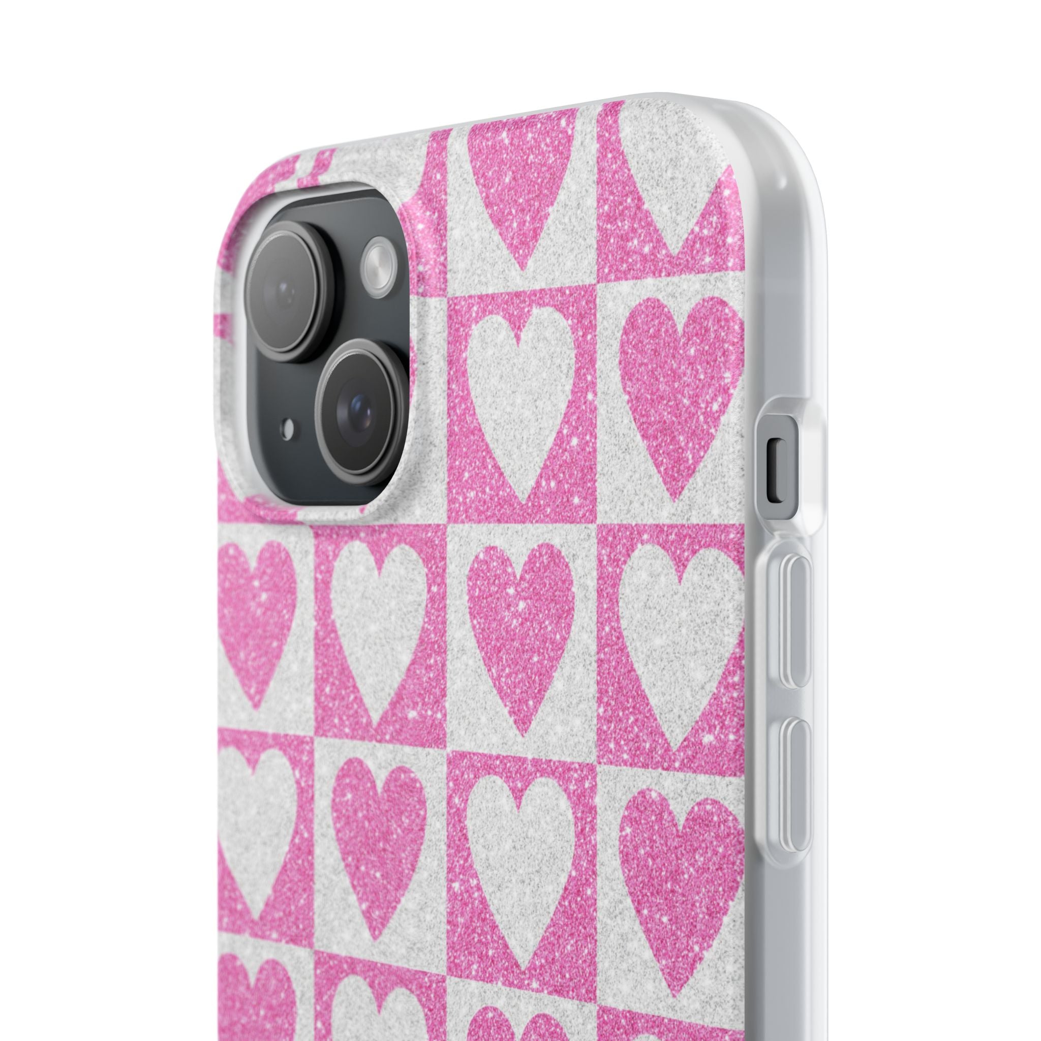 Glitter Heart Grid iPhone 15 Plus Case - Soft