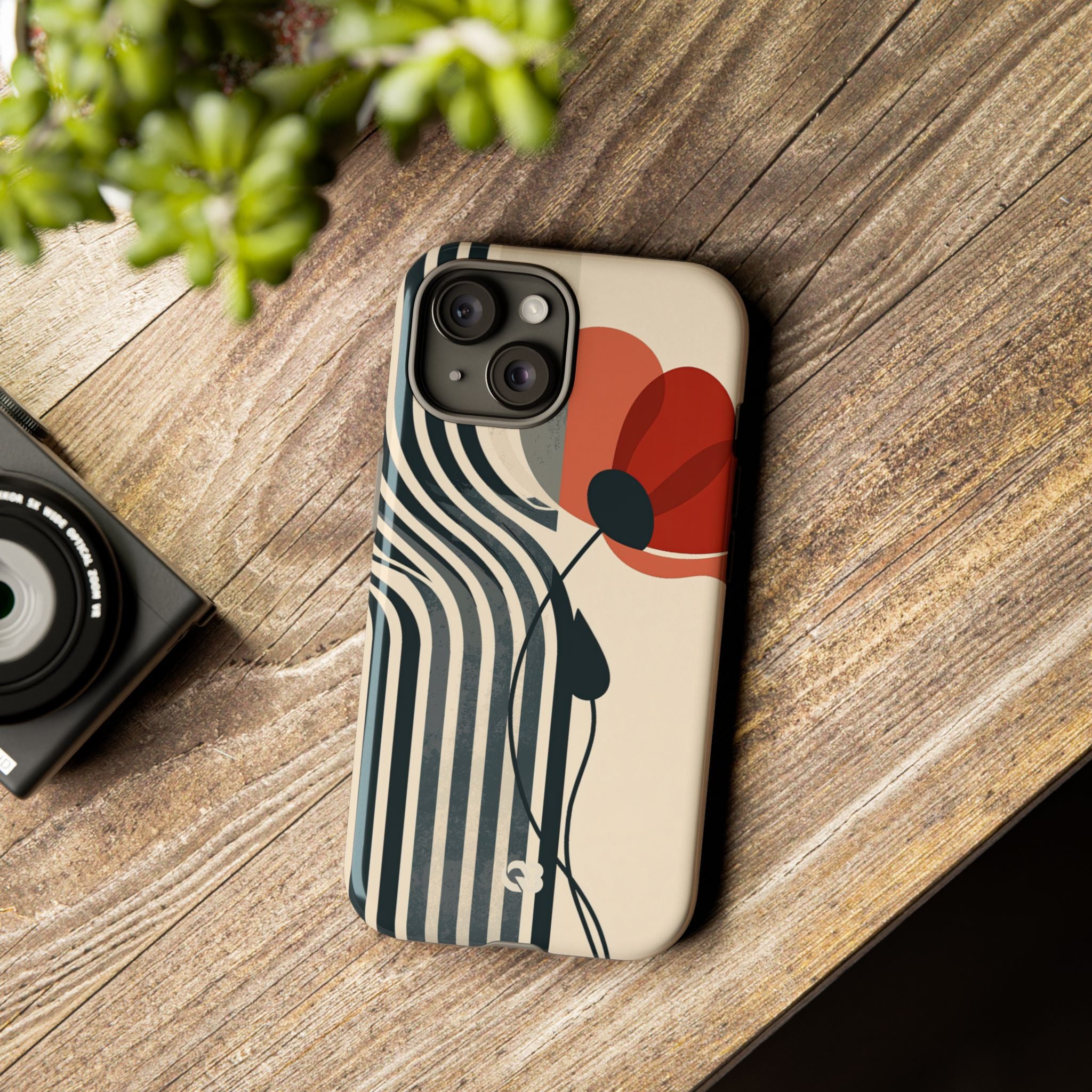 Beige Tough Phone Case for iPhone - Crimson Line Bloom