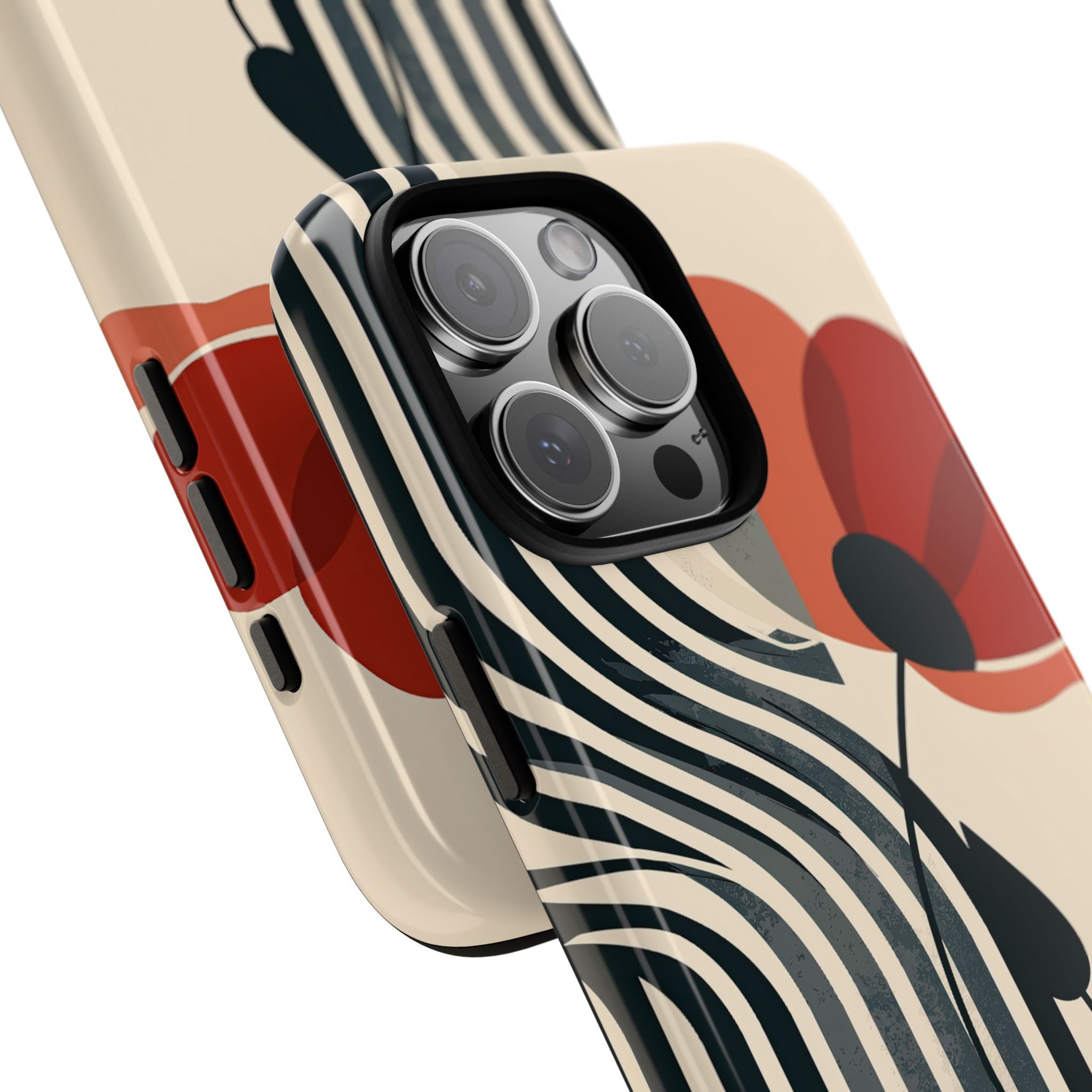 Beige Tough Phone Case for iPhone - Crimson Line Bloom