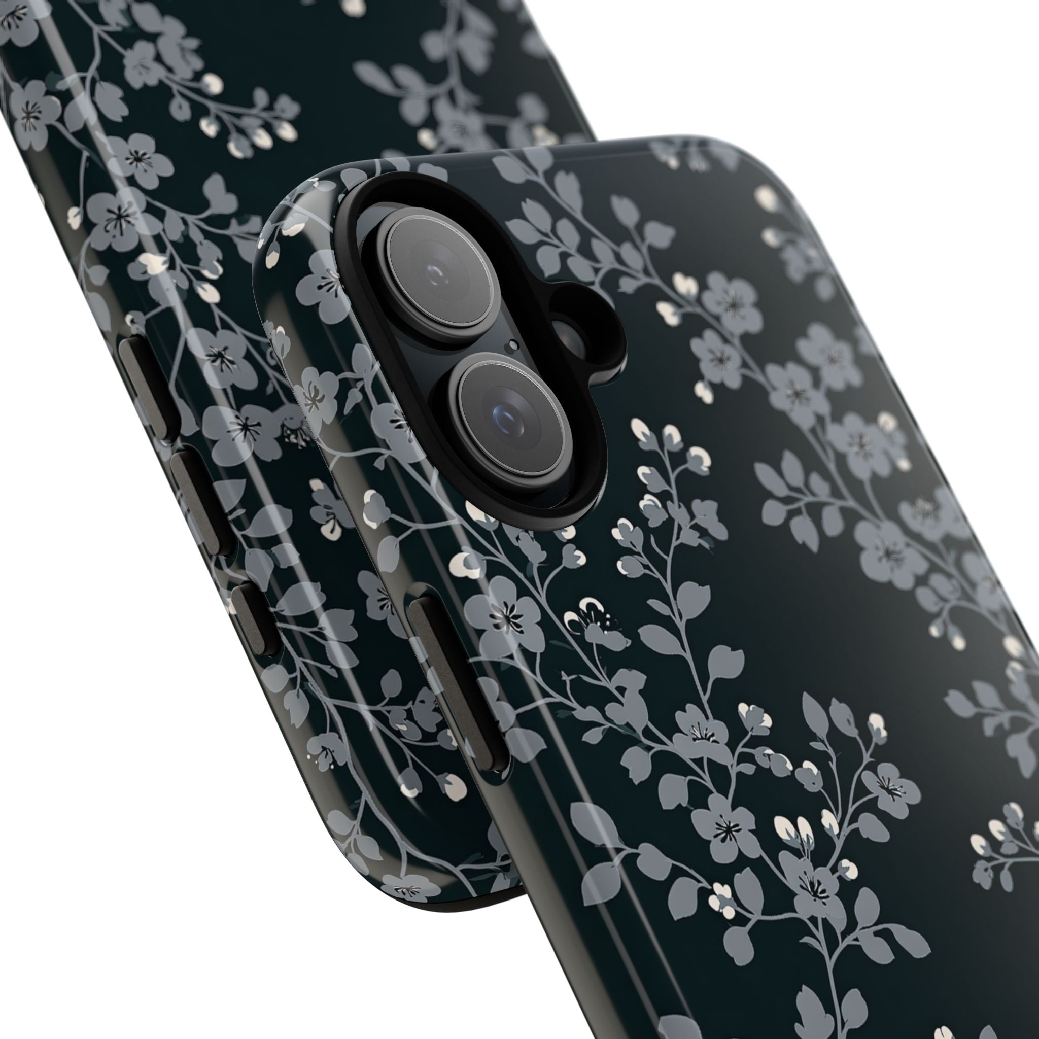 Black Tough Phone Case for iPhone - Midnight Slate Blossom
