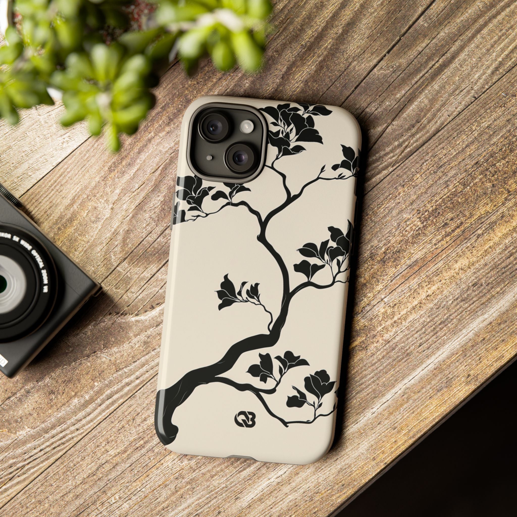 Beige Tough Phone Case for iPhone - Obsidian Bonsai Silhouette