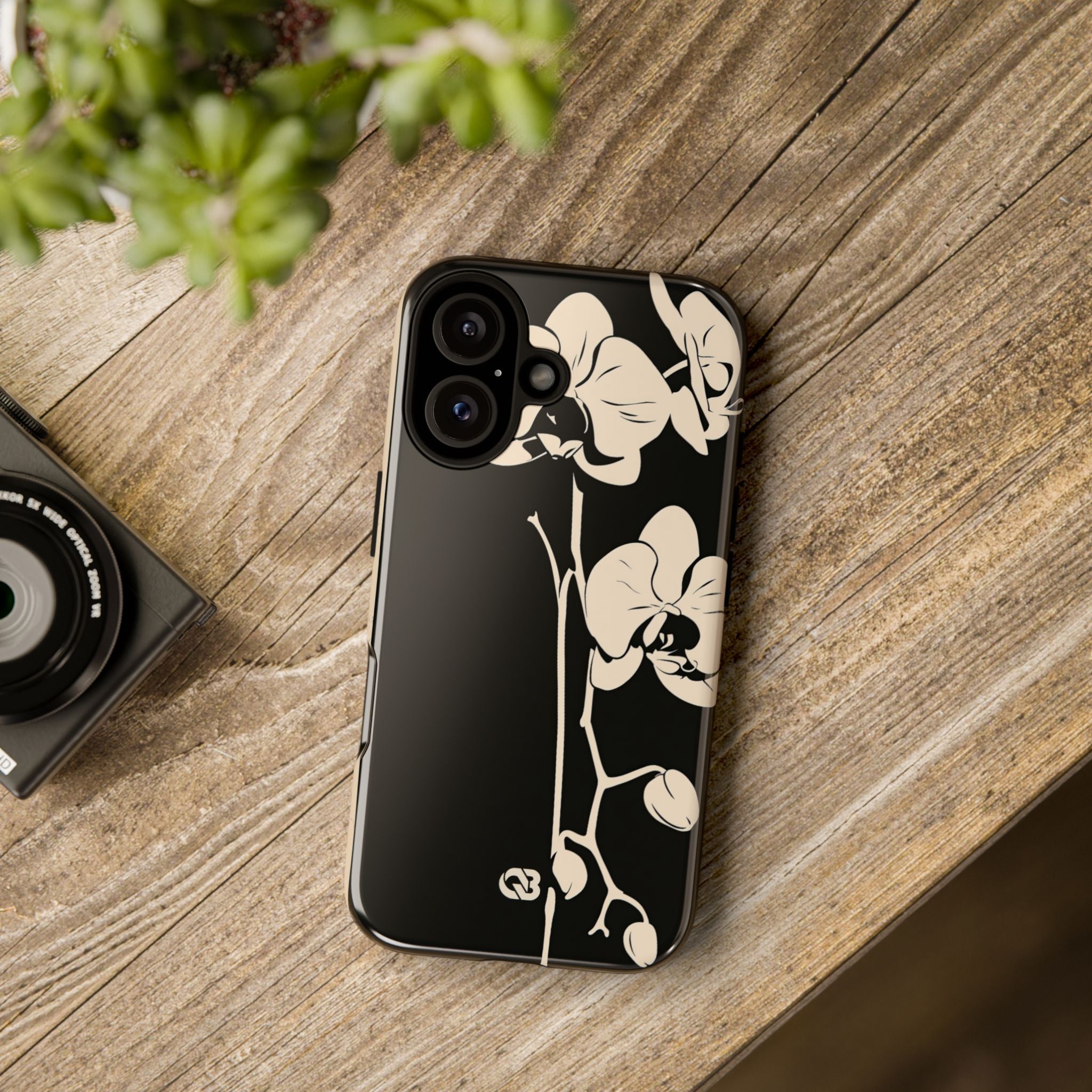 Black Tough Phone Case for iPhone - Obsidian Bone Orchid