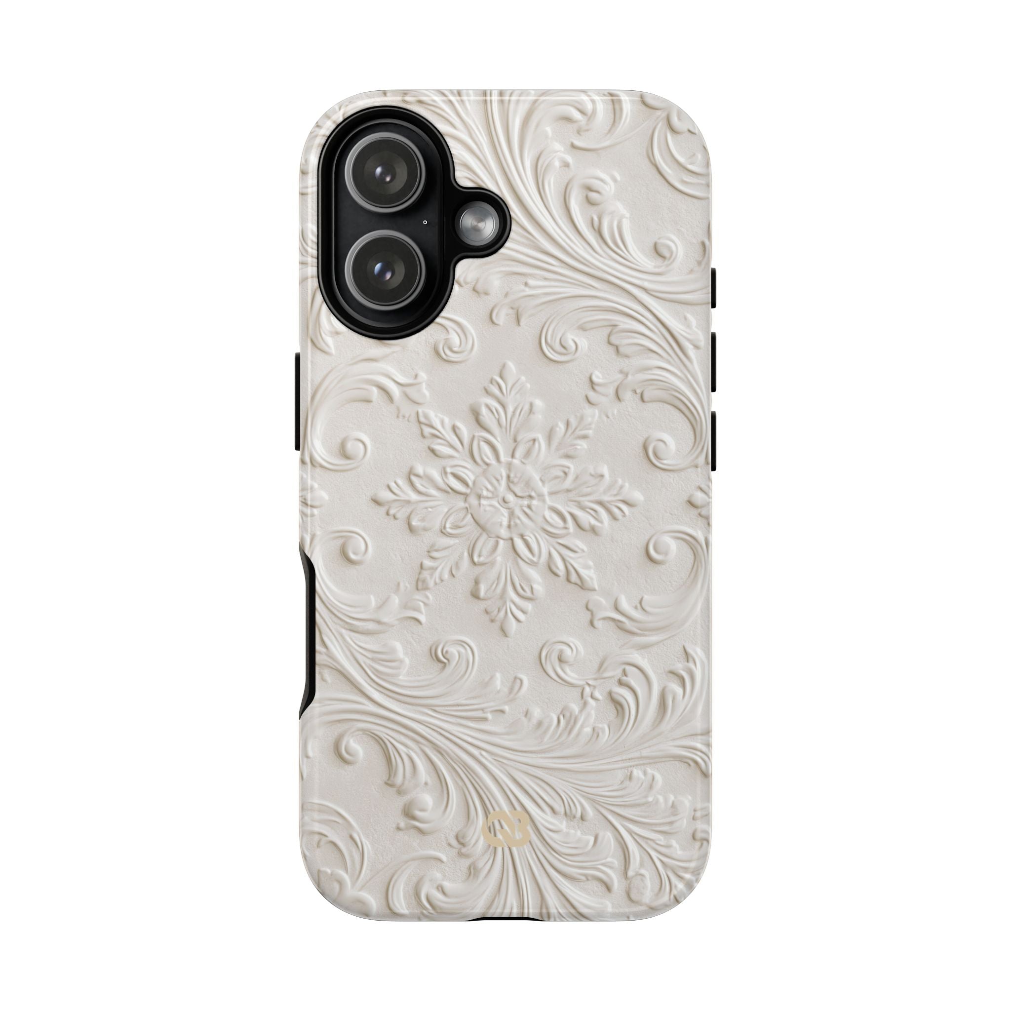 White Tough Phone Case for iPhone - Alabaster Floral Relief