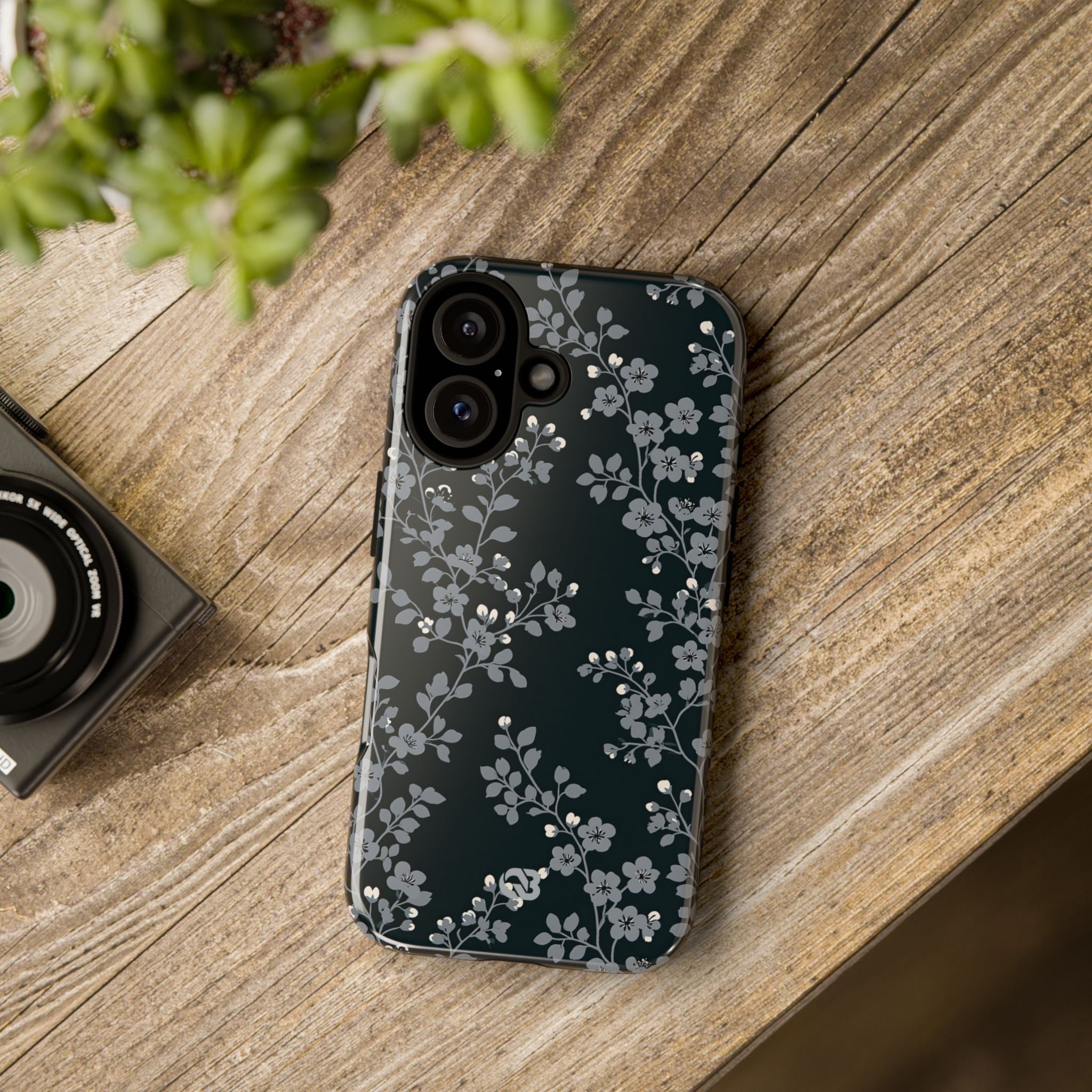 Black Tough Phone Case for iPhone - Midnight Slate Blossom