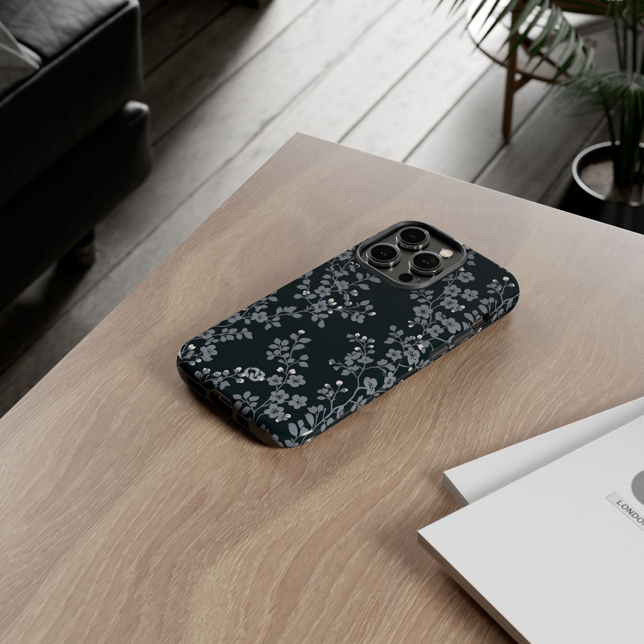 Black Tough Phone Case for iPhone - Midnight Slate Blossom