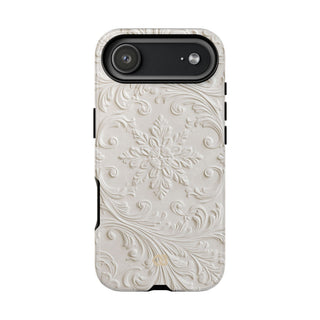 White Tough Phone Case for iPhone - Alabaster Floral Relief