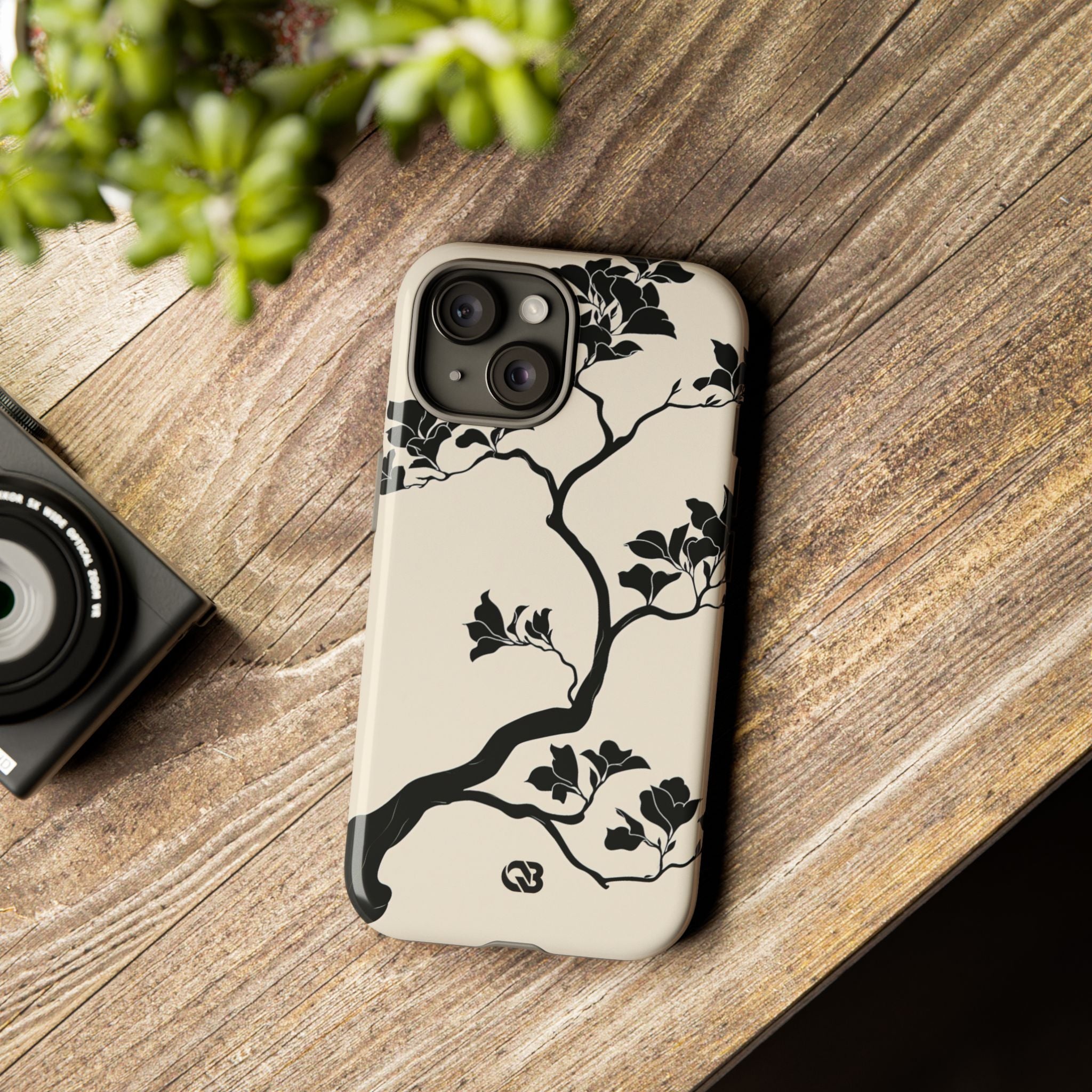 Beige Tough Phone Case for iPhone - Obsidian Bonsai Silhouette