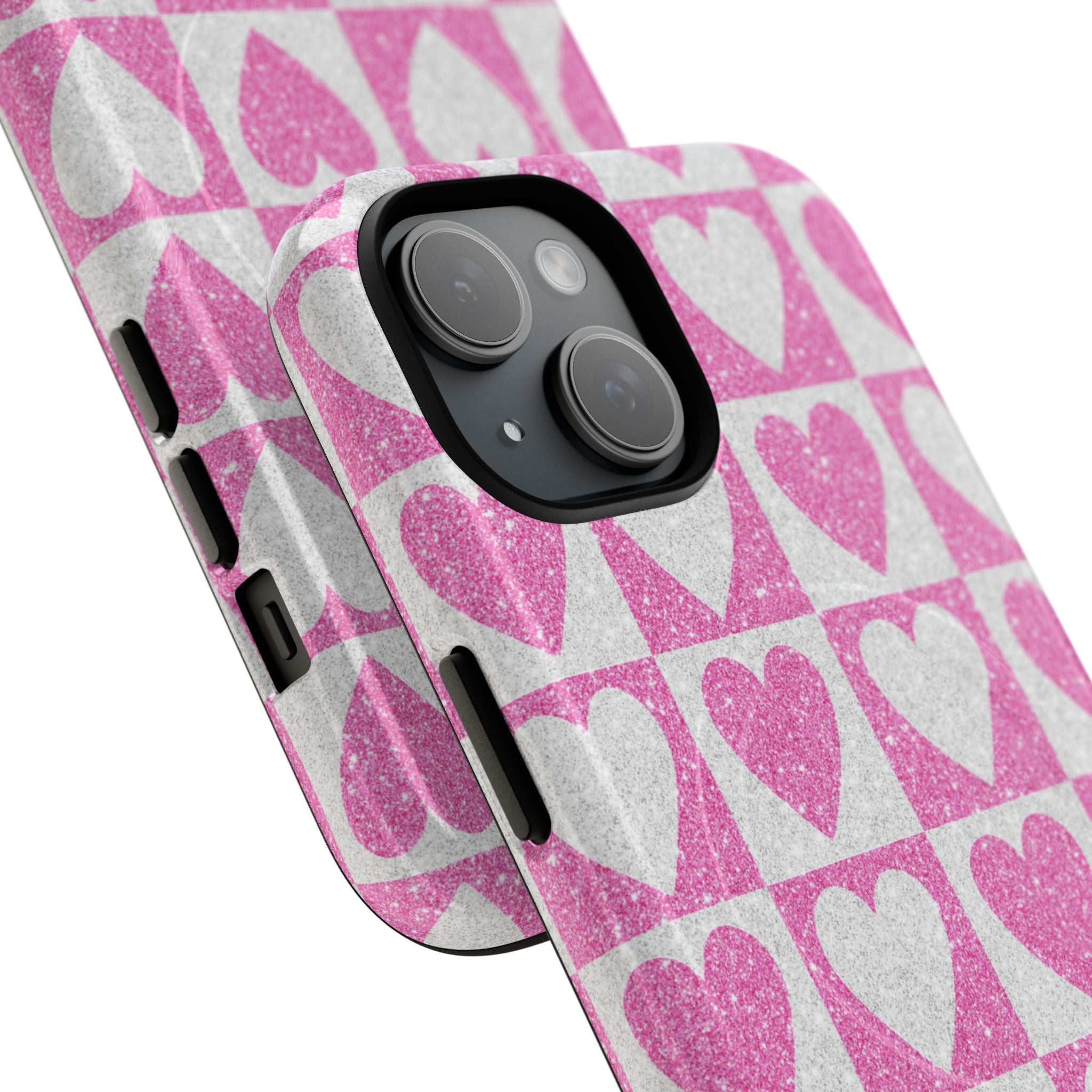 Glitter Heart Grid iPhone 15 Skal - Tough+