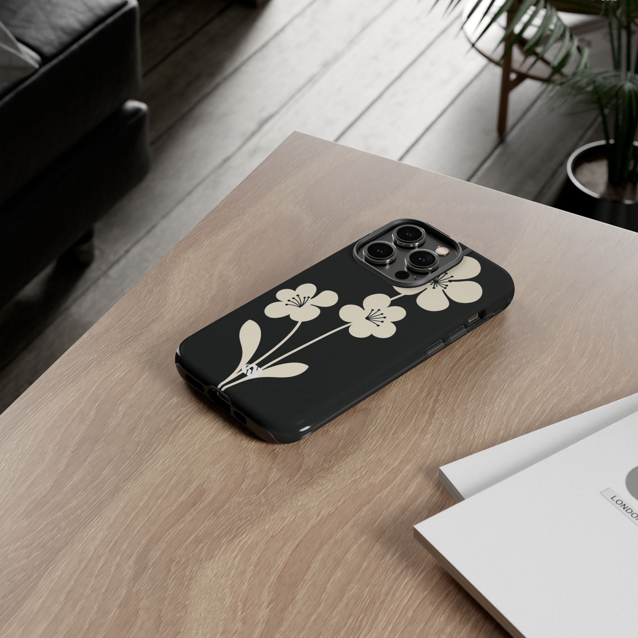 Black Tough Phone Case for iPhone - Obsidian Cream Bloom