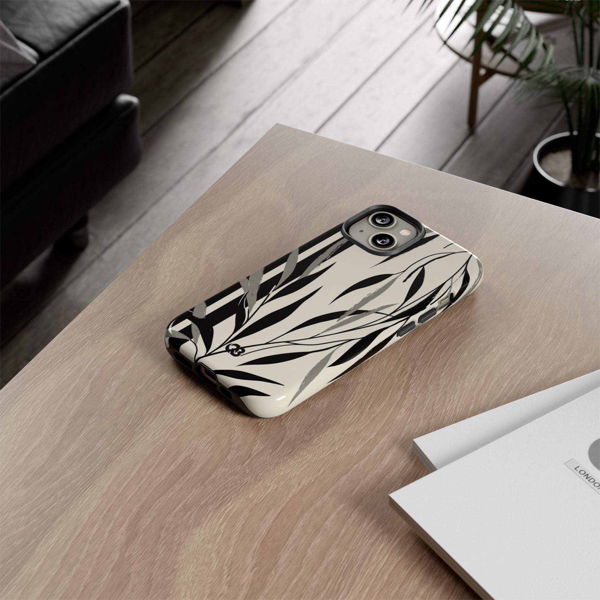 Beige Tough Phone Case for iPhone - Soot Leaf Sketch